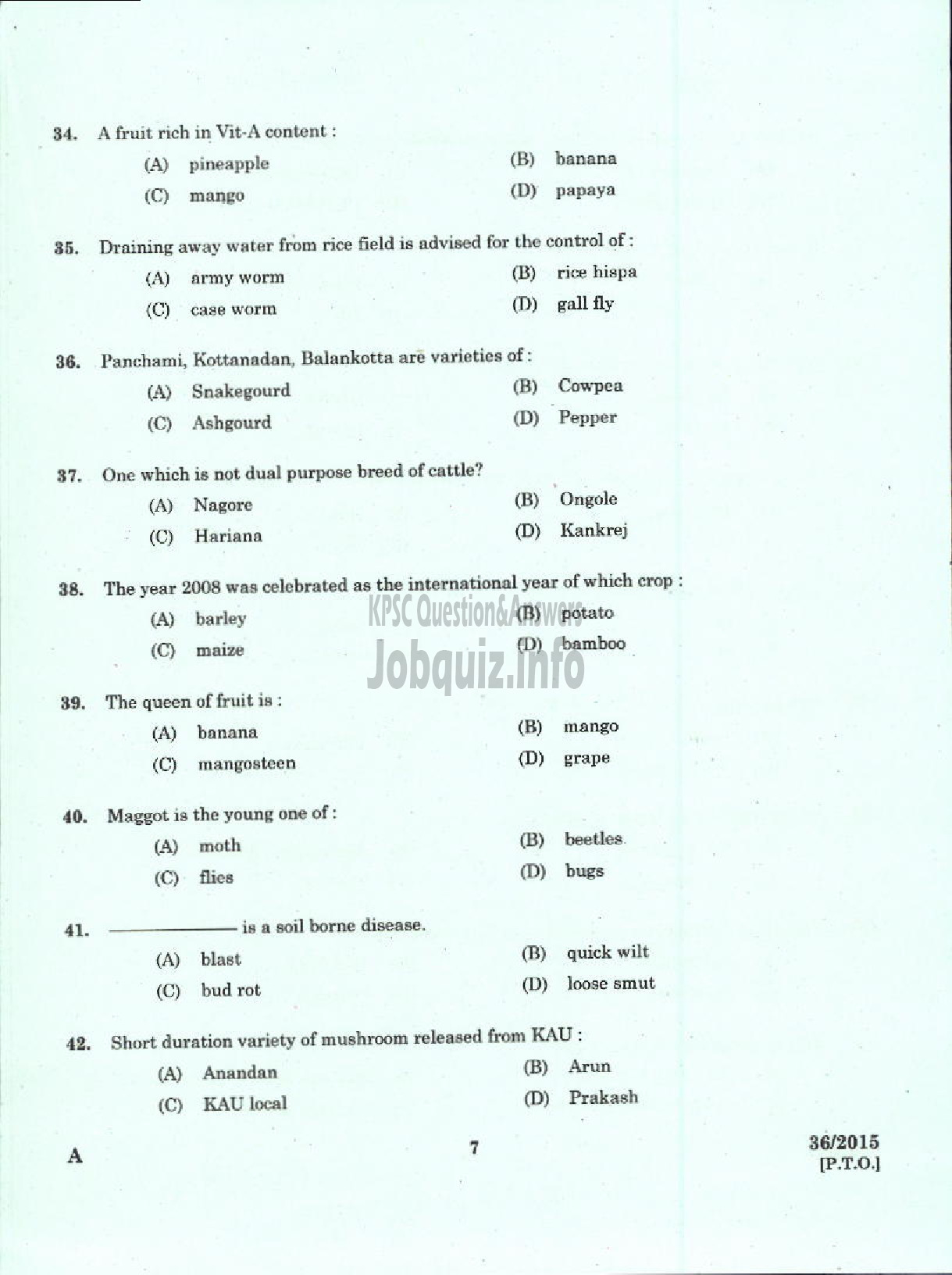 Kerala PSC Question Paper - LABORATORY TECHNICAL ASSISTANT AGRICULTRURE PLANT PROTECTION VHSE-5