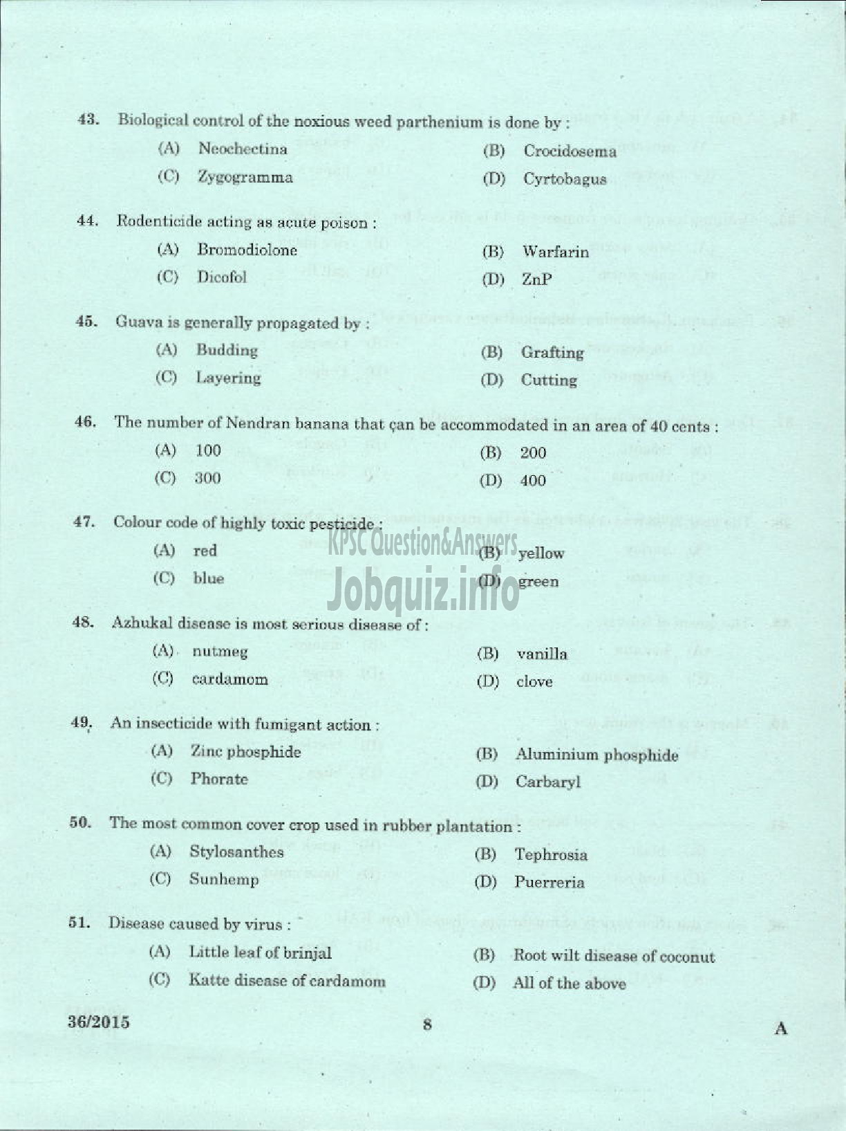 Kerala PSC Question Paper - LABORATORY TECHNICAL ASSISTANT AGRICULTRURE PLANT PROTECTION VHSE-6