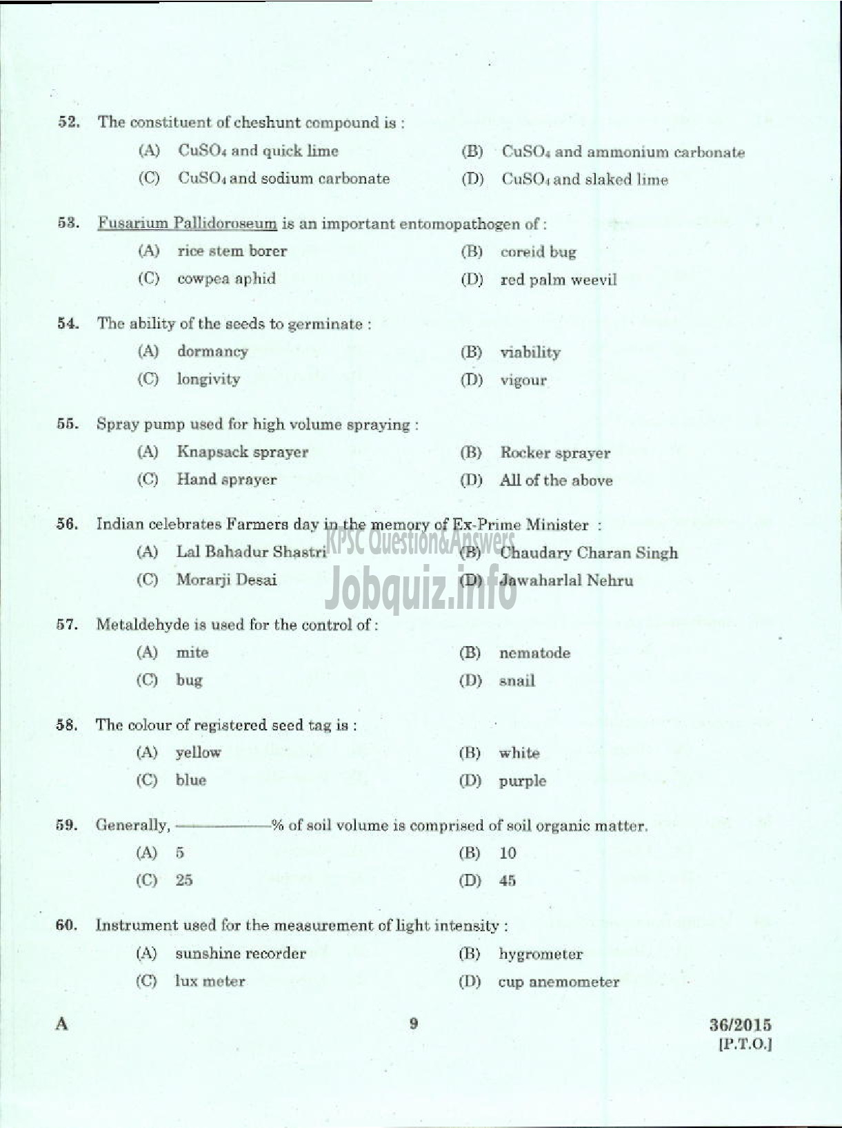 Kerala PSC Question Paper - LABORATORY TECHNICAL ASSISTANT AGRICULTRURE PLANT PROTECTION VHSE-7