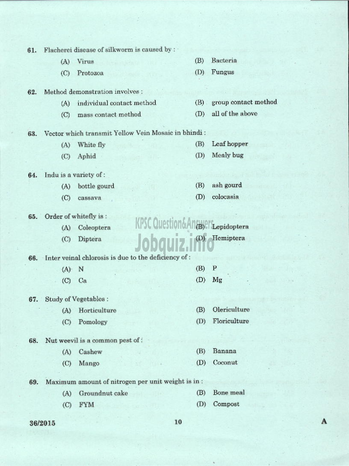 Kerala PSC Question Paper - LABORATORY TECHNICAL ASSISTANT AGRICULTRURE PLANT PROTECTION VHSE-8