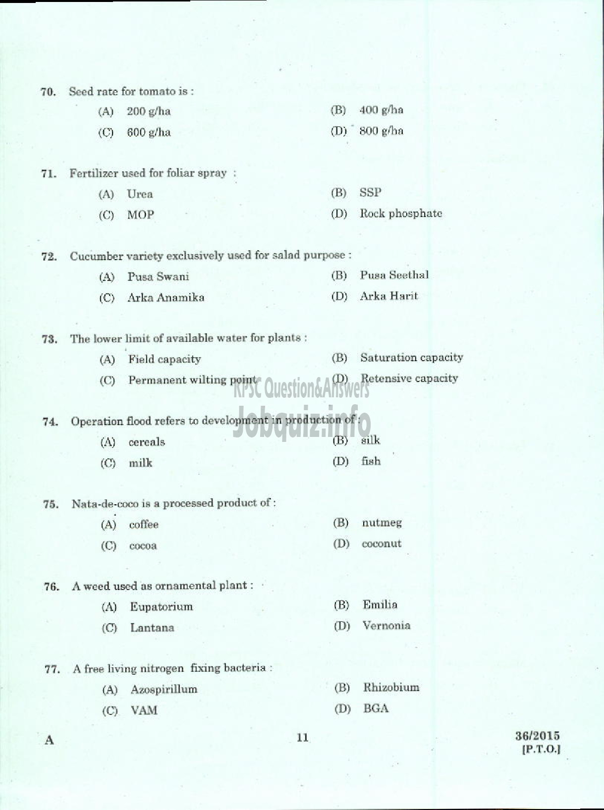 Kerala PSC Question Paper - LABORATORY TECHNICAL ASSISTANT AGRICULTRURE PLANT PROTECTION VHSE-9