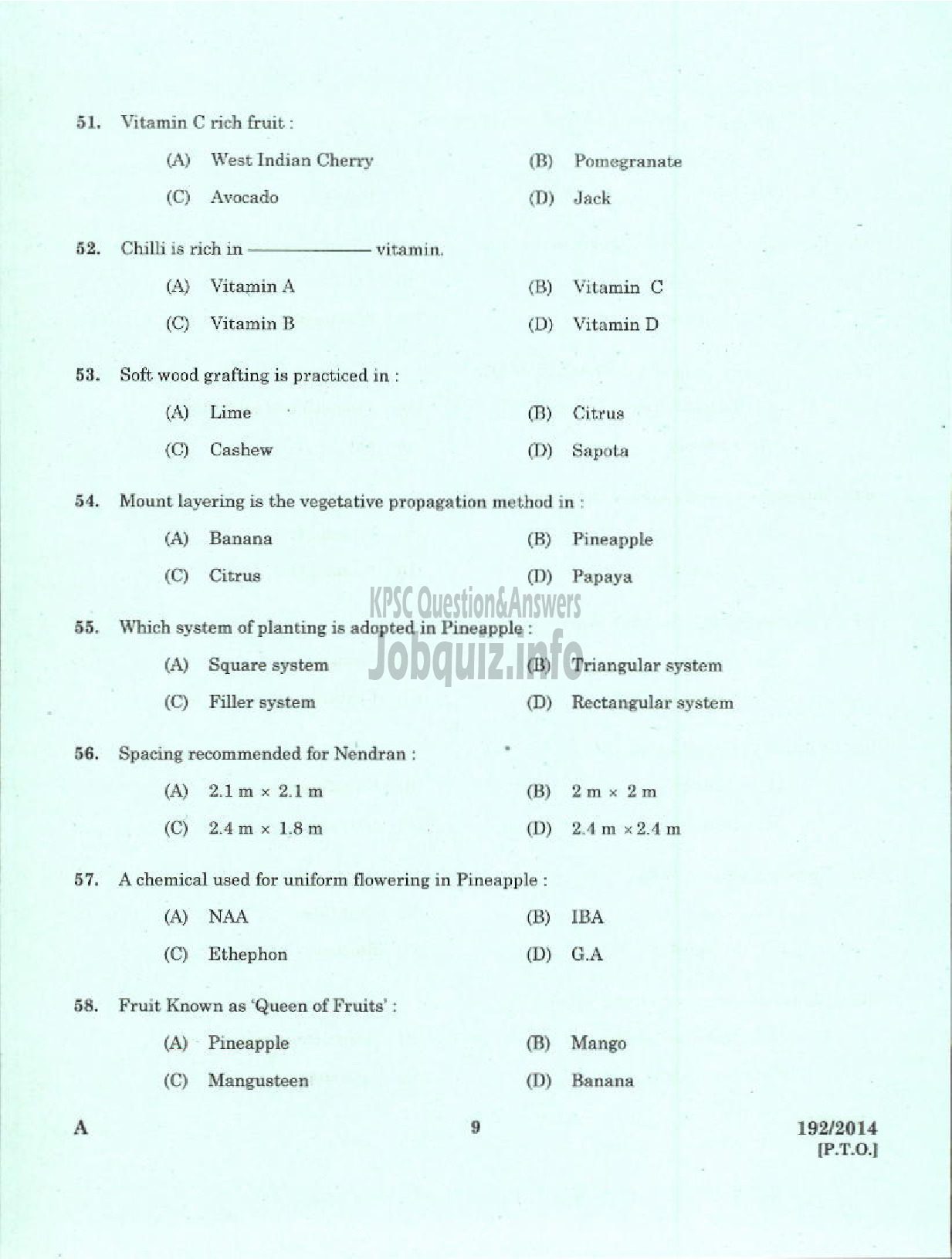 Kerala PSC Question Paper - LABORATORY TECHNICAL ASSISTANT AGRICULTURE FRUITS AND VEGITABLES VHSE-7