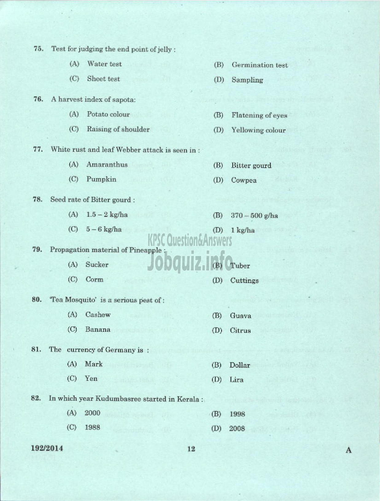 Kerala PSC Question Paper - LABORATORY TECHNICAL ASSISTANT AGRICULTURE FRUITS AND VEGITABLES VHSE-10