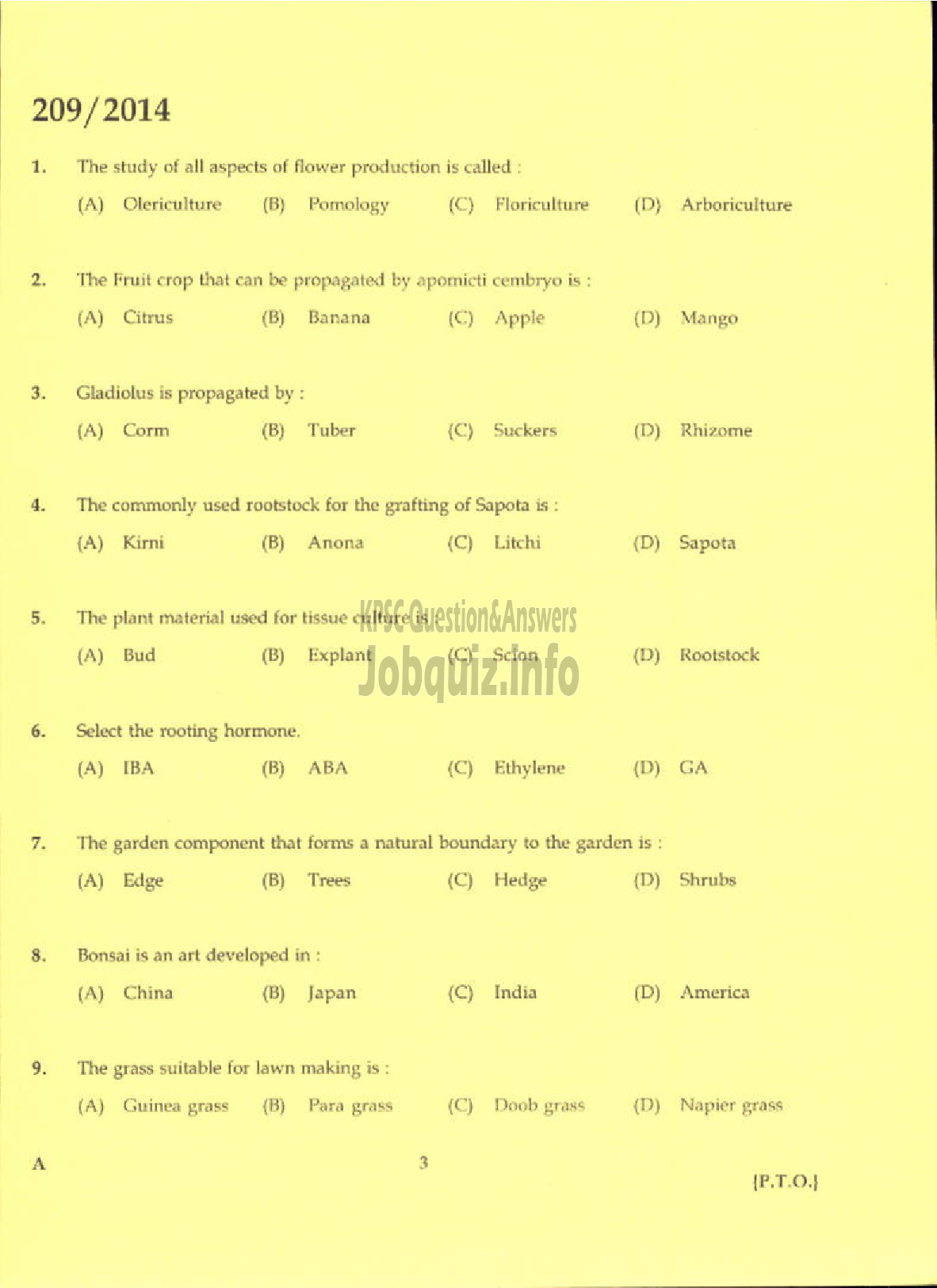 Kerala PSC Question Paper - LABORATORY TECHNICAL ASSISTANT AGRICULTURE NURSERY MANAGEMENT AND ORNAMENTAL GARDENING VHSE-1