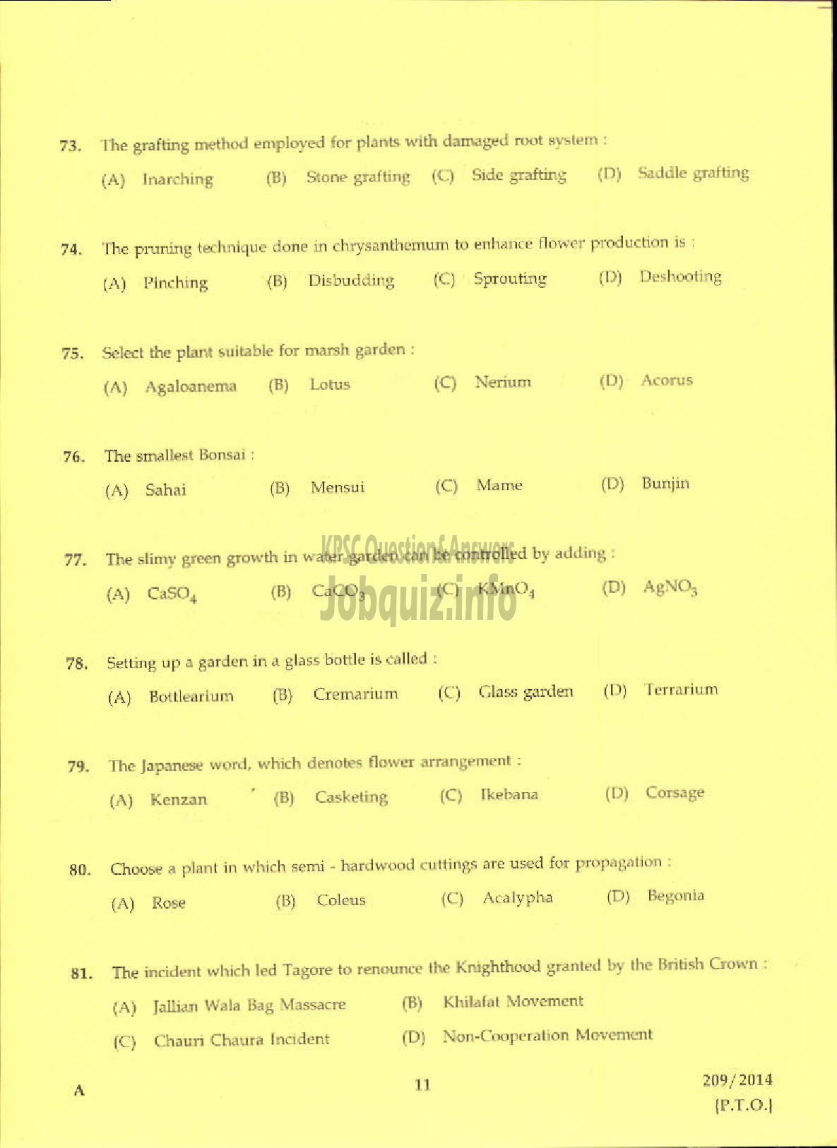 Kerala PSC Question Paper - LABORATORY TECHNICAL ASSISTANT AGRICULTURE NURSERY MANAGEMENT AND ORNAMENTAL GARDENING VHSE-9