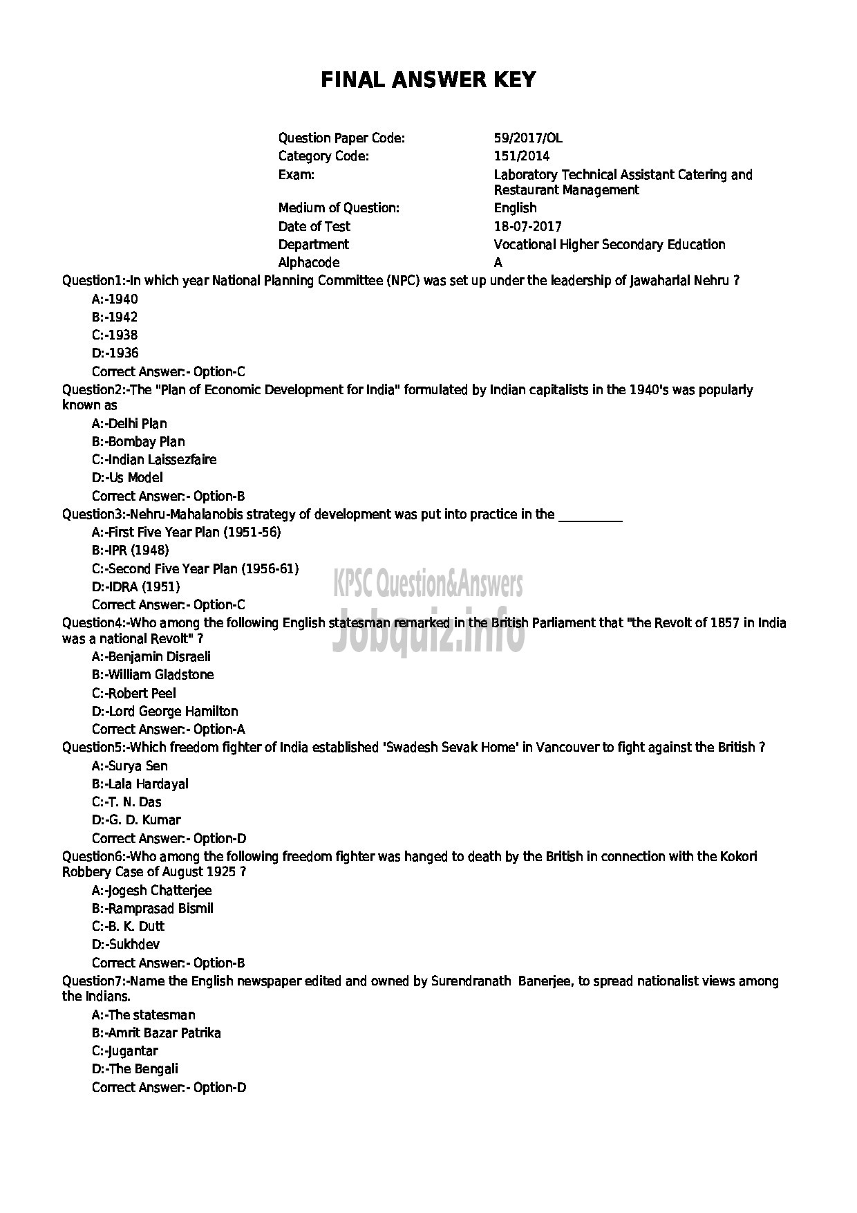 Kerala PSC Question Paper - LABORATORY TECHNICAL ASSISTANT CATERING AND RESTAURANT MANAGEMENT VOCATIONAL HIGHER SECONDARY EDUCATION-1