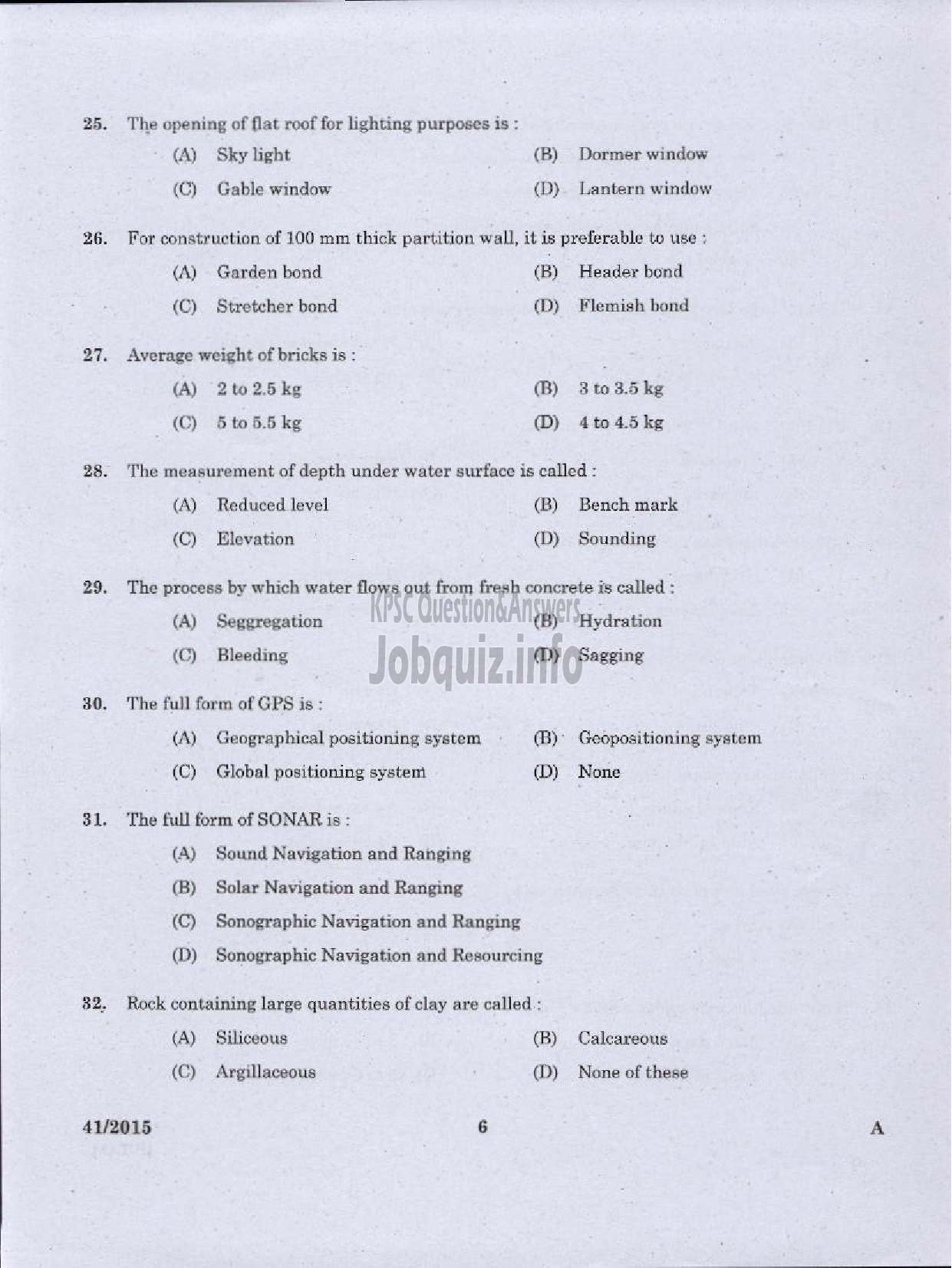 Kerala PSC Question Paper - LABORATORY TECHNICAL ASSISTANT CIVIL CONSTRUCTION AND MAINTENANCE VOCATIONAL HIGHER SECONDARY EDUCATION-4
