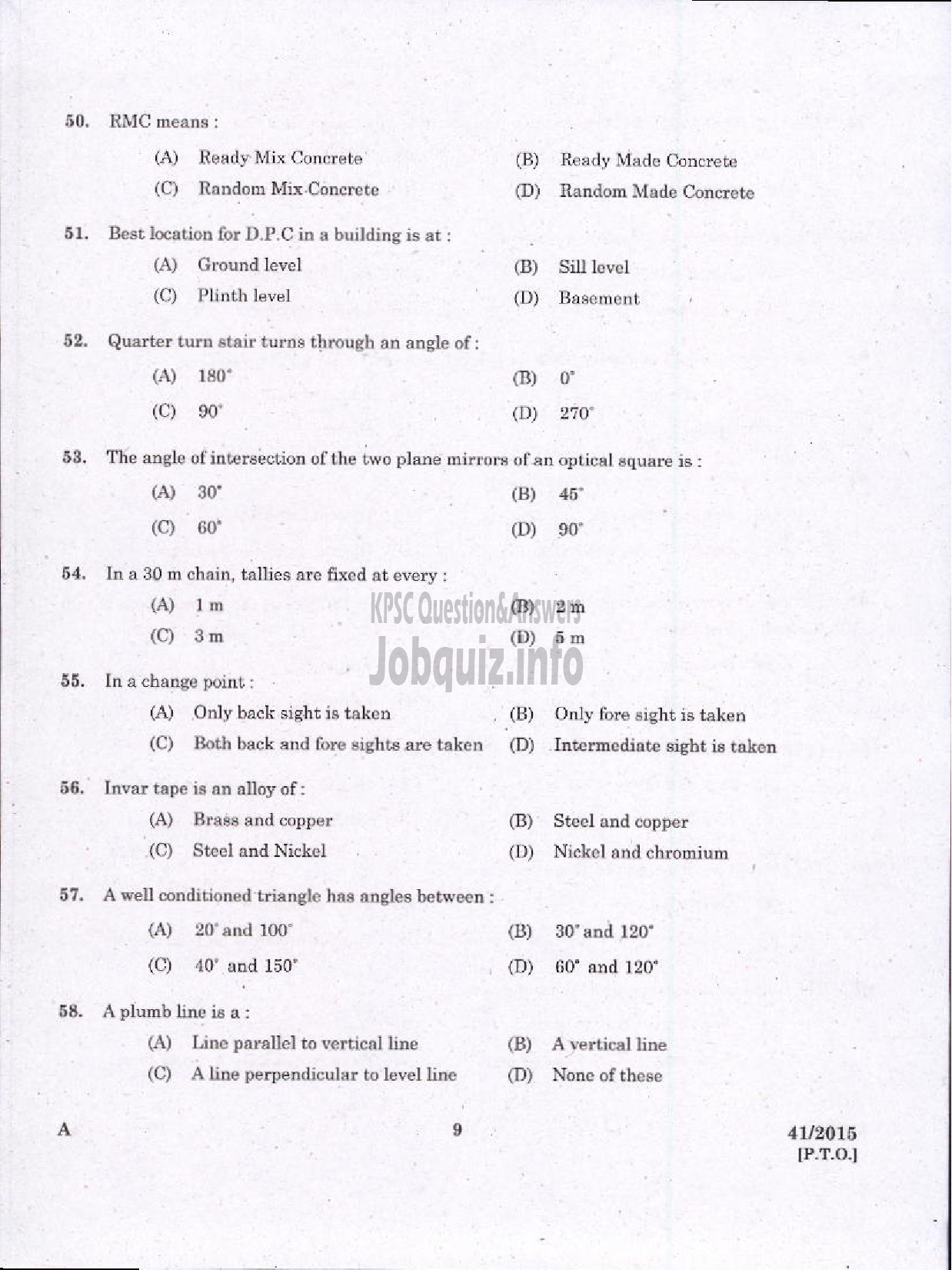 Kerala PSC Question Paper - LABORATORY TECHNICAL ASSISTANT CIVIL CONSTRUCTION AND MAINTENANCE VOCATIONAL HIGHER SECONDARY EDUCATION-7