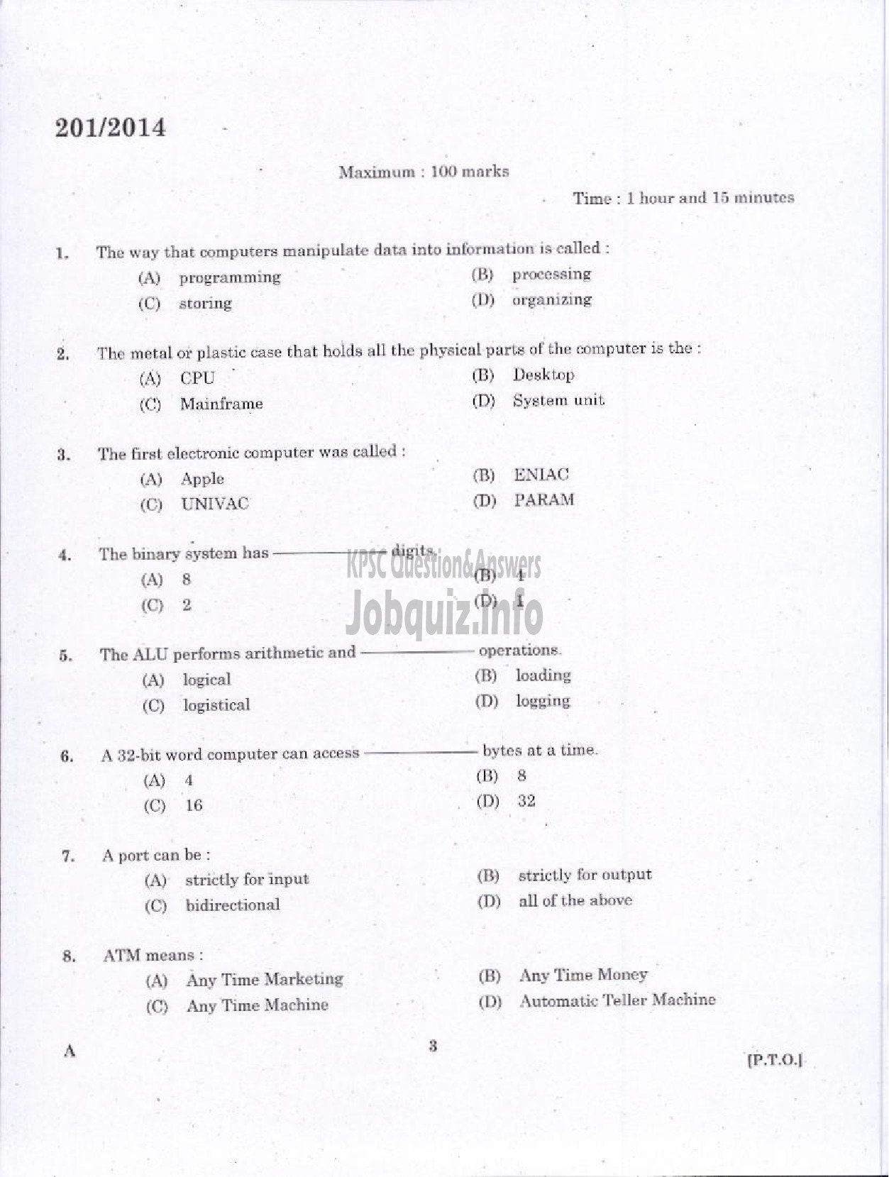 Kerala PSC Question Paper - LABORATORY TECHNICAL ASSISTANT COMPUTER APPLICATION VHSE-1