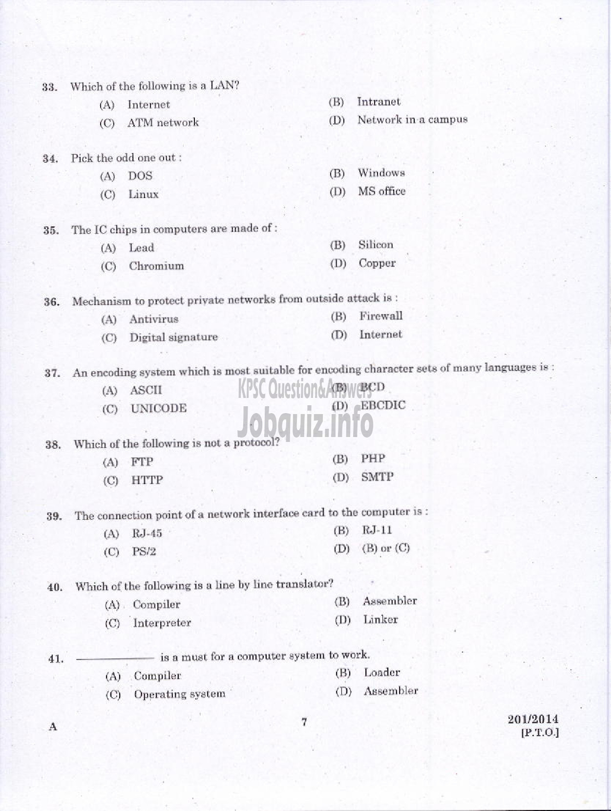 Kerala PSC Question Paper - LABORATORY TECHNICAL ASSISTANT COMPUTER APPLICATION VHSE-5