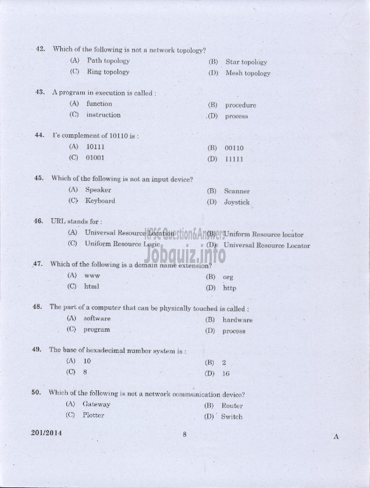 Kerala PSC Question Paper - LABORATORY TECHNICAL ASSISTANT COMPUTER APPLICATION VHSE-6