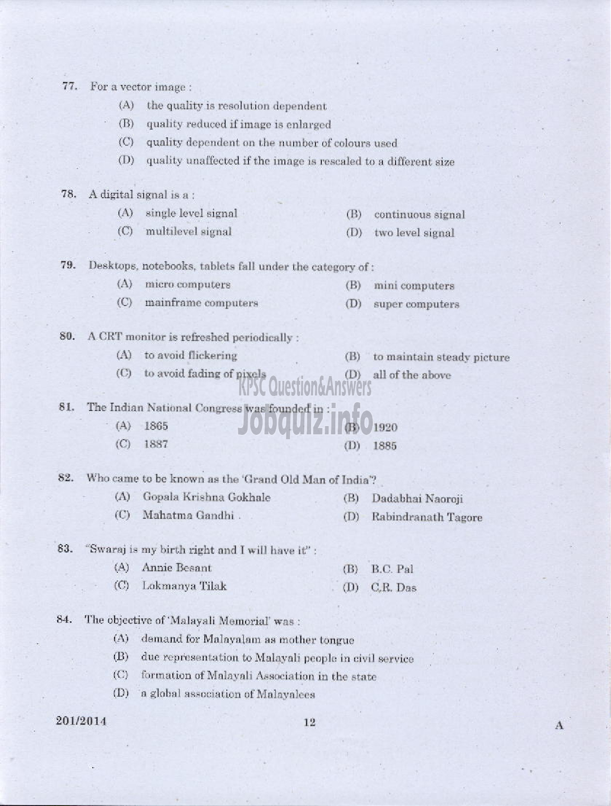 Kerala PSC Question Paper - LABORATORY TECHNICAL ASSISTANT COMPUTER APPLICATION VHSE-10