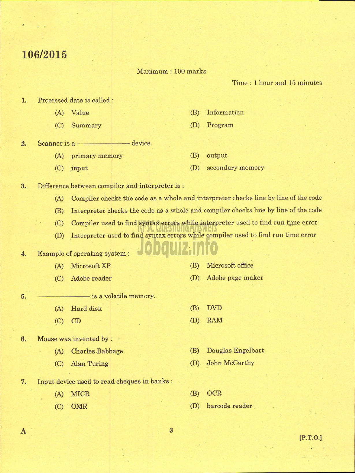 Kerala PSC Question Paper - LABORATORY TECHNICAL ASSISTANT COMPUTER SCIENCE VHSE-1