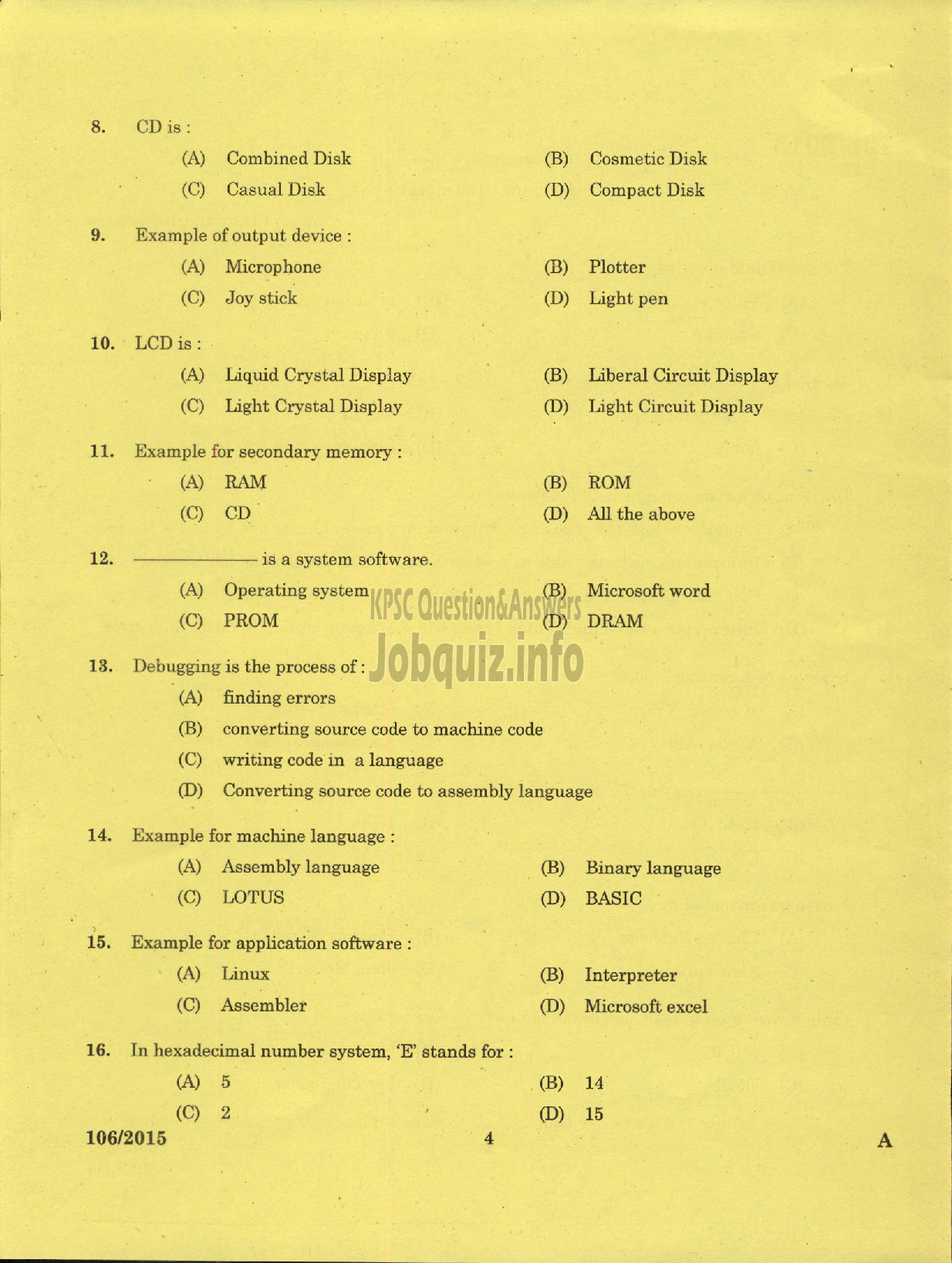 Kerala PSC Question Paper - LABORATORY TECHNICAL ASSISTANT COMPUTER SCIENCE VHSE-2