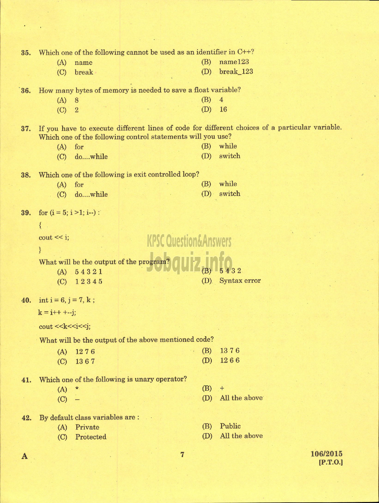 Kerala PSC Question Paper - LABORATORY TECHNICAL ASSISTANT COMPUTER SCIENCE VHSE-5