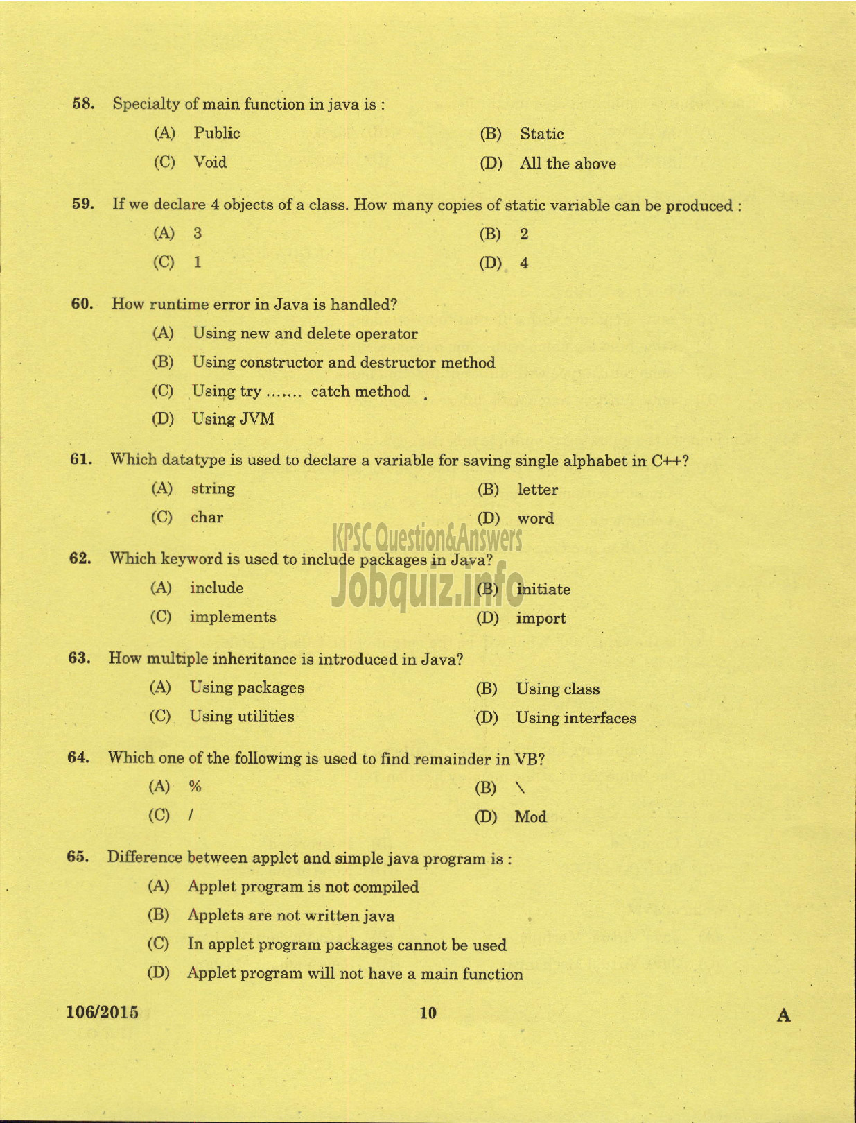 Kerala PSC Question Paper - LABORATORY TECHNICAL ASSISTANT COMPUTER SCIENCE VHSE-8