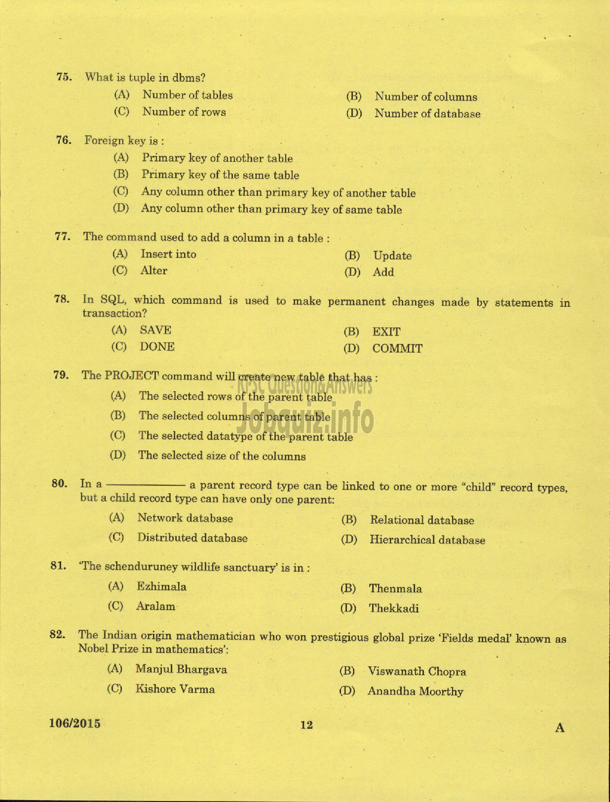 Kerala PSC Question Paper - LABORATORY TECHNICAL ASSISTANT COMPUTER SCIENCE VHSE-10