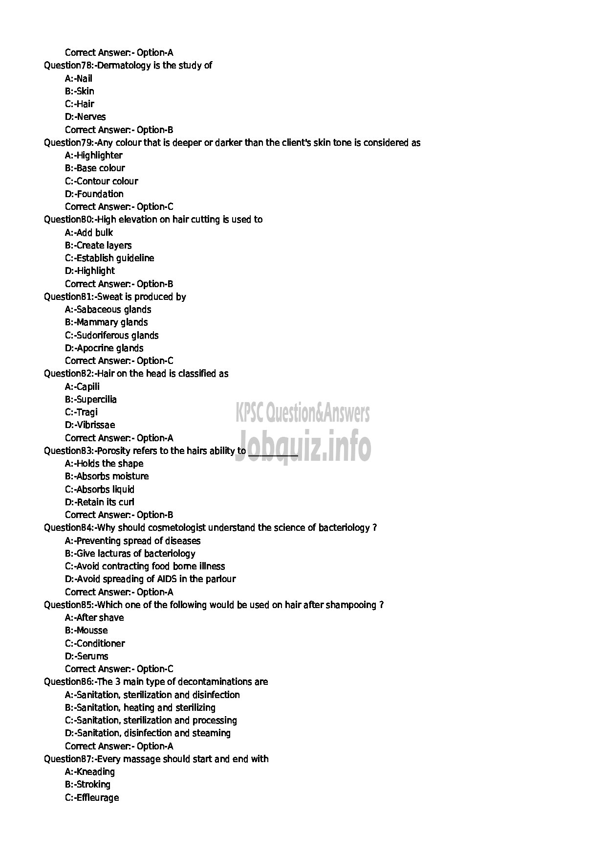 Kerala PSC Question Paper - LABORATORY TECHNICAL ASSISTANT COSMETOLOGY AND BEAUTY PARLOUR MANAGEMENT-9