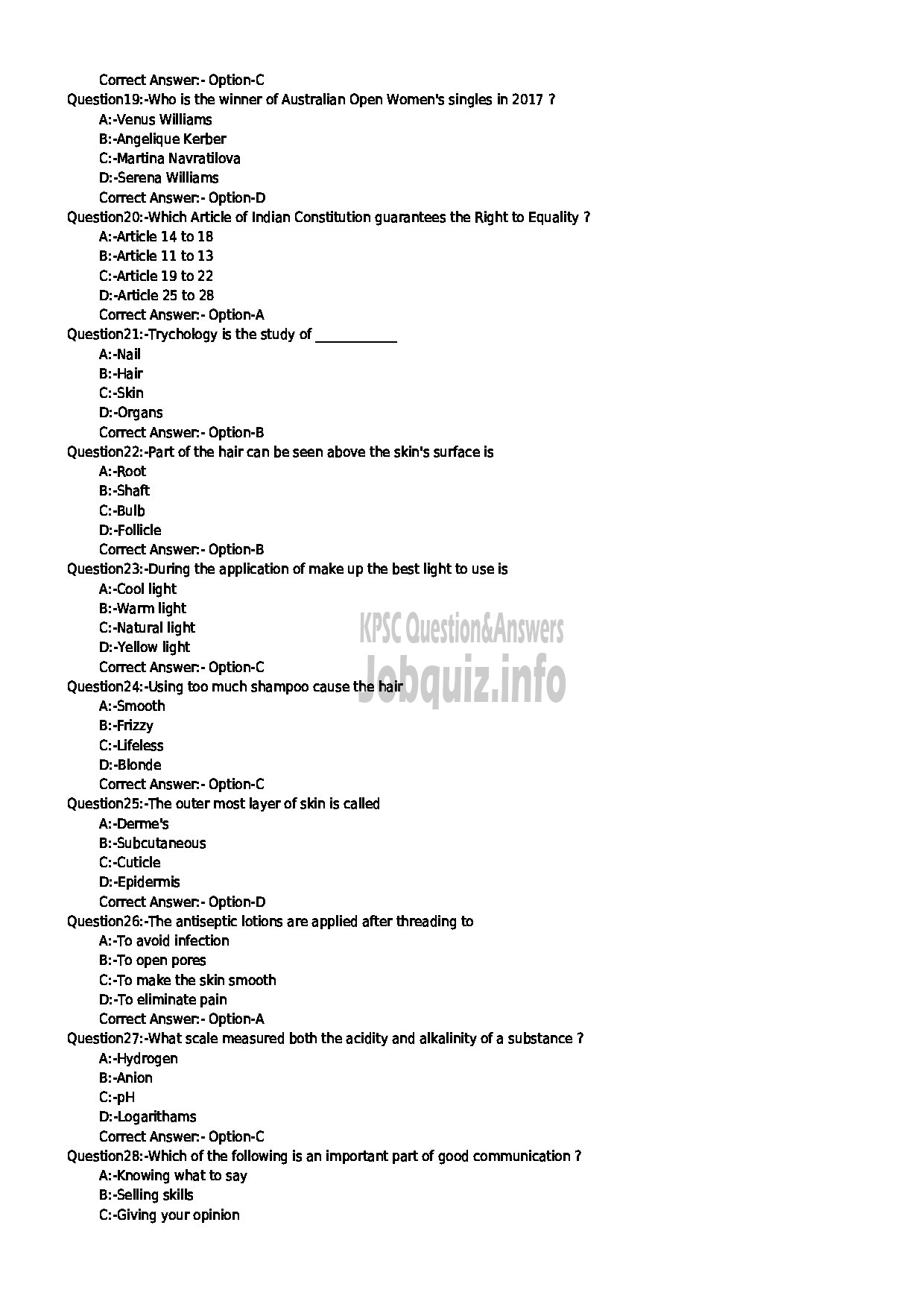 Kerala PSC Question Paper - LABORATORY TECHNICAL ASSISTANT COSMETOLOGY AND BEAUTY PARLOUR MANAGEMENT-3