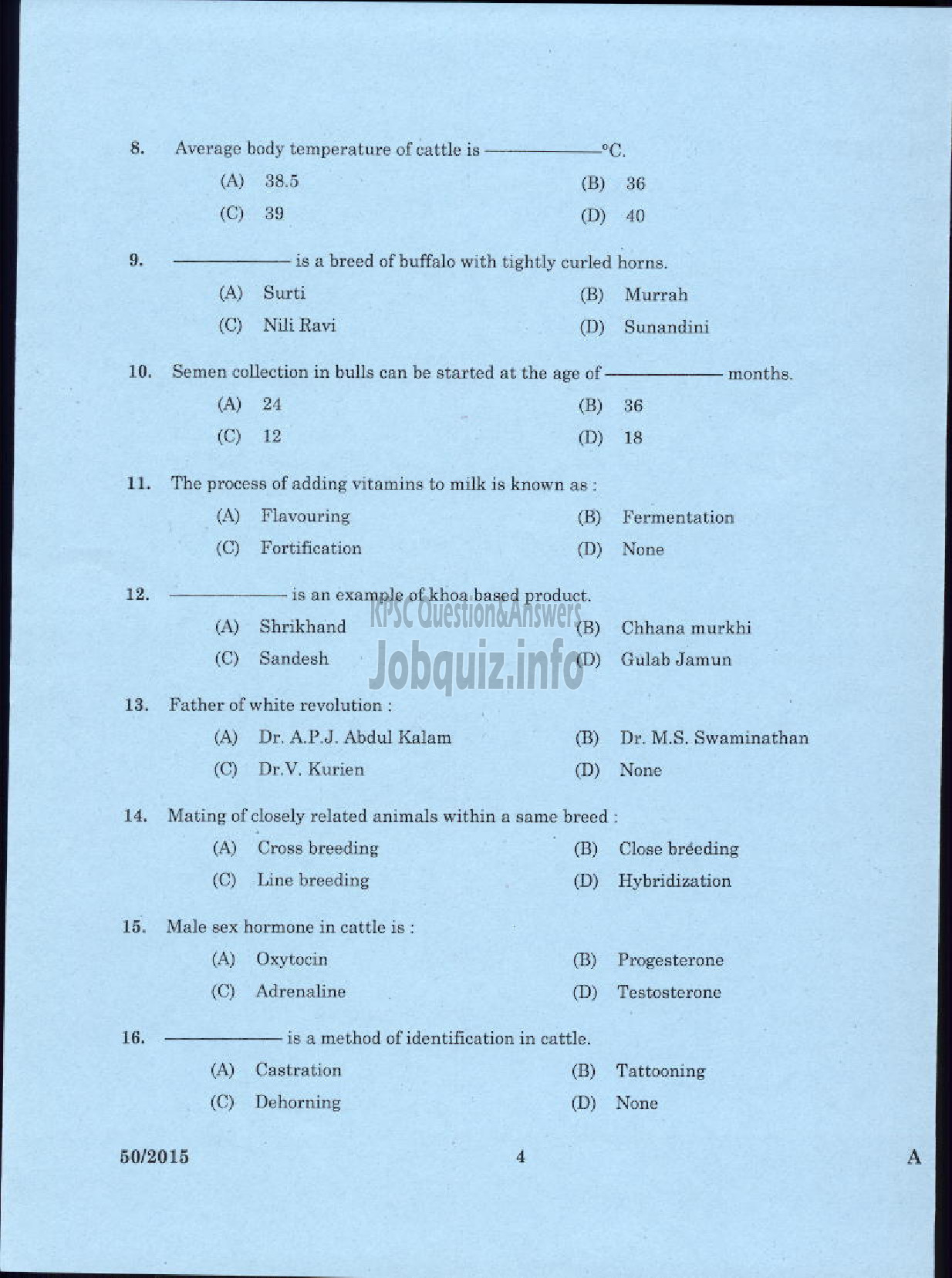 Kerala PSC Question Paper - LABORATORY TECHNICAL ASSISTANT DAIRYING AND MILK PRODUCTS VOCATIONAL HIGHER SECONDARY EDUCATION-2