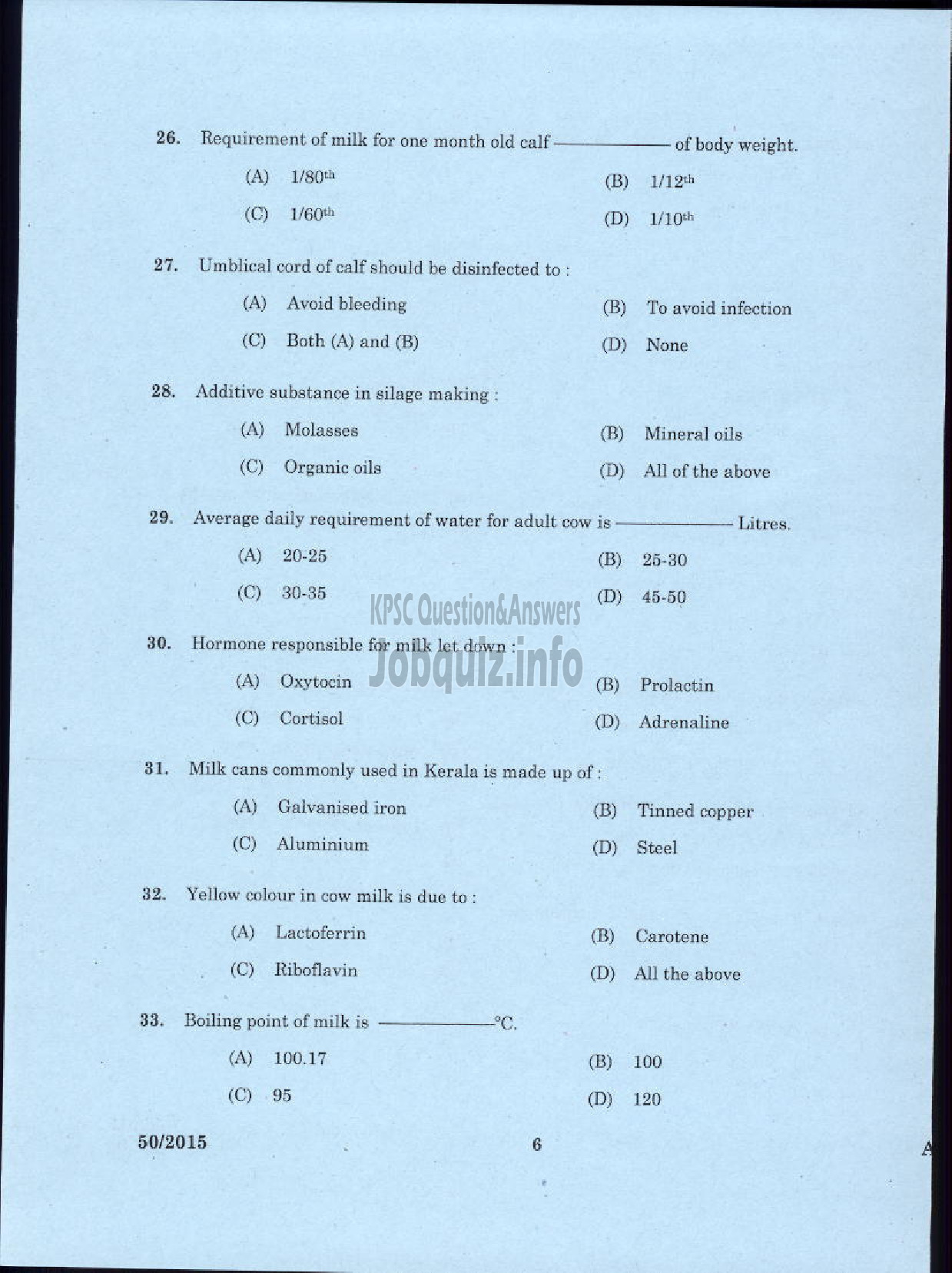Kerala PSC Question Paper - LABORATORY TECHNICAL ASSISTANT DAIRYING AND MILK PRODUCTS VOCATIONAL HIGHER SECONDARY EDUCATION-4