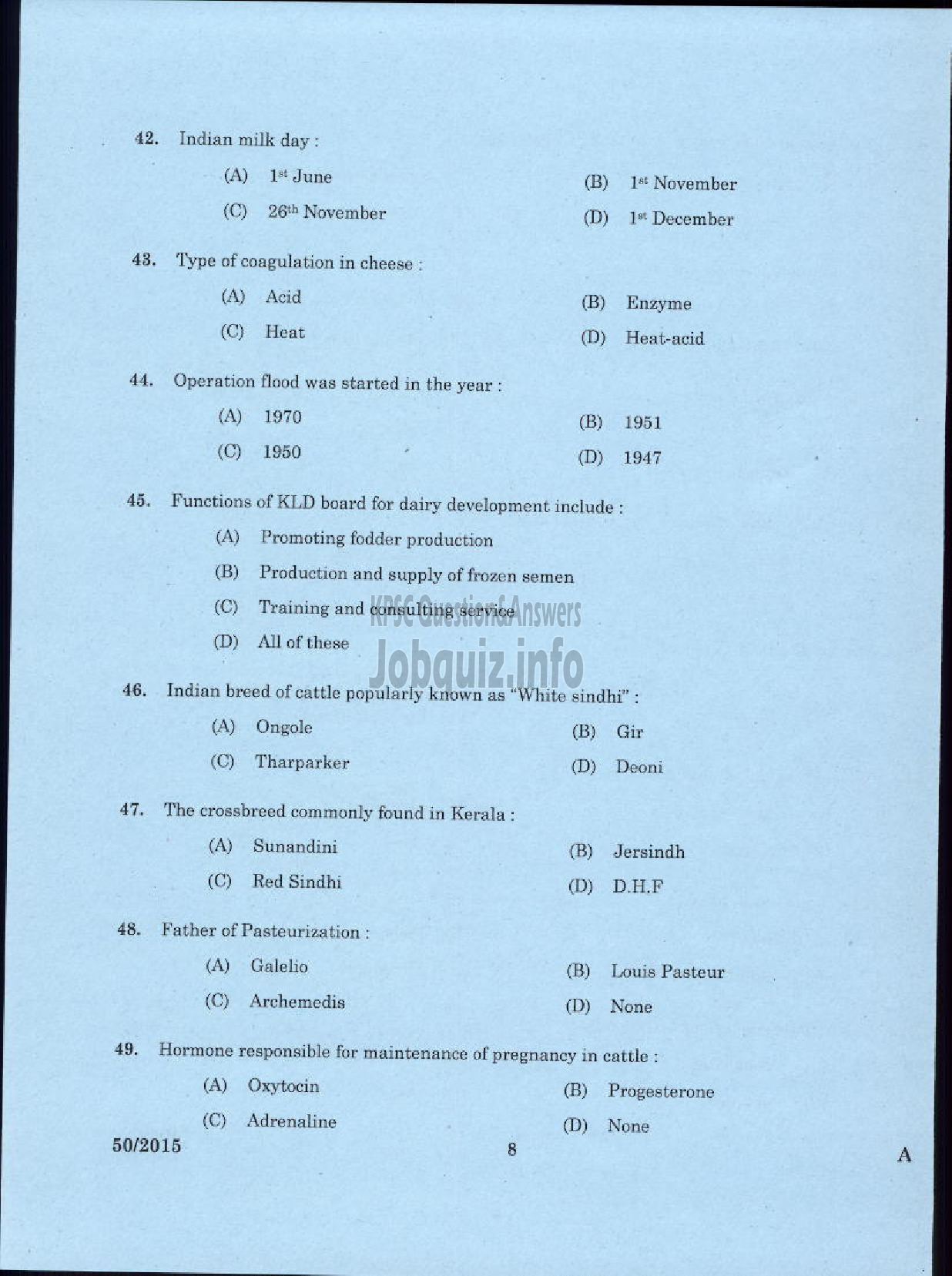 Kerala PSC Question Paper - LABORATORY TECHNICAL ASSISTANT DAIRYING AND MILK PRODUCTS VOCATIONAL HIGHER SECONDARY EDUCATION-6