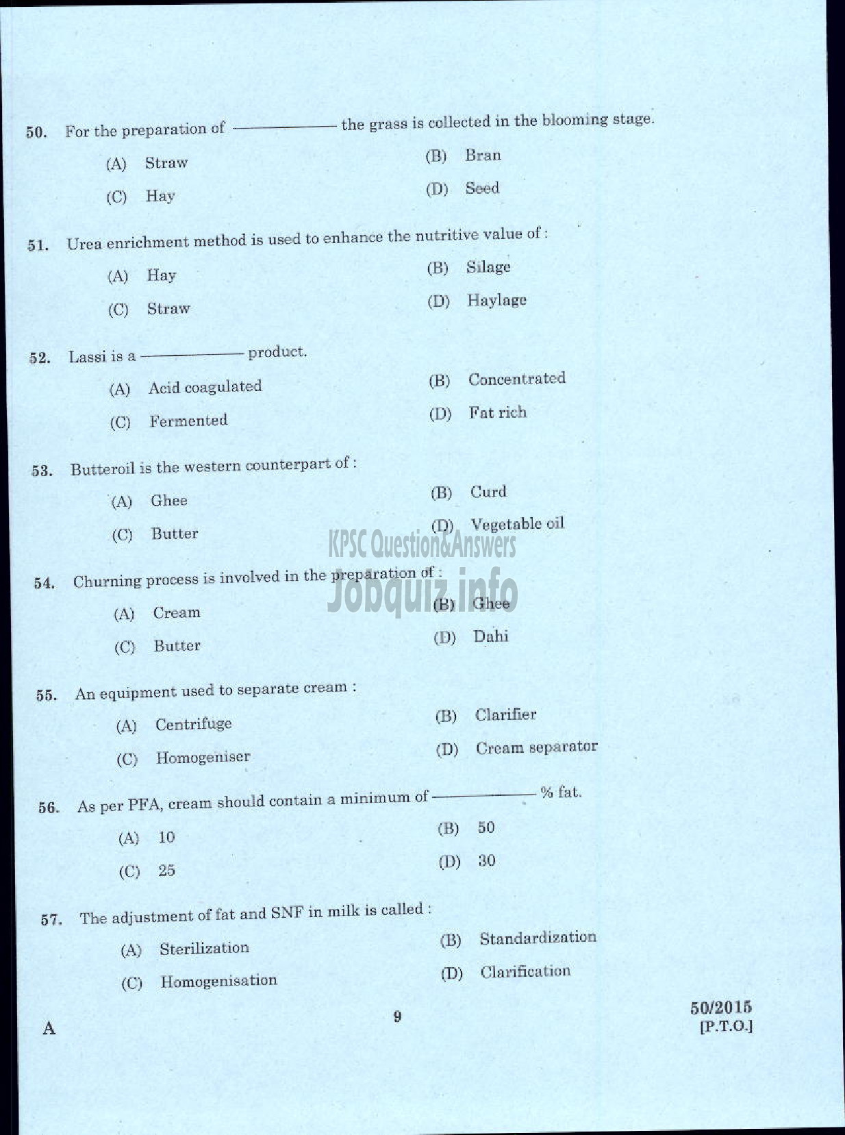 Kerala PSC Question Paper - LABORATORY TECHNICAL ASSISTANT DAIRYING AND MILK PRODUCTS VOCATIONAL HIGHER SECONDARY EDUCATION-7