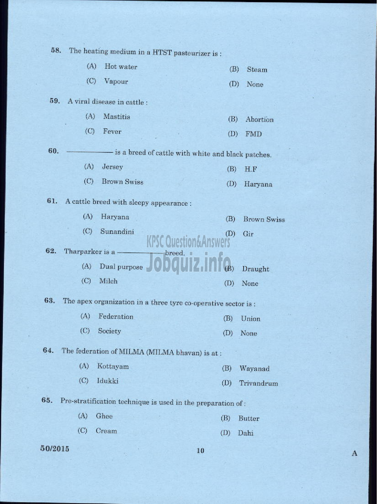 Kerala PSC Question Paper - LABORATORY TECHNICAL ASSISTANT DAIRYING AND MILK PRODUCTS VOCATIONAL HIGHER SECONDARY EDUCATION-8