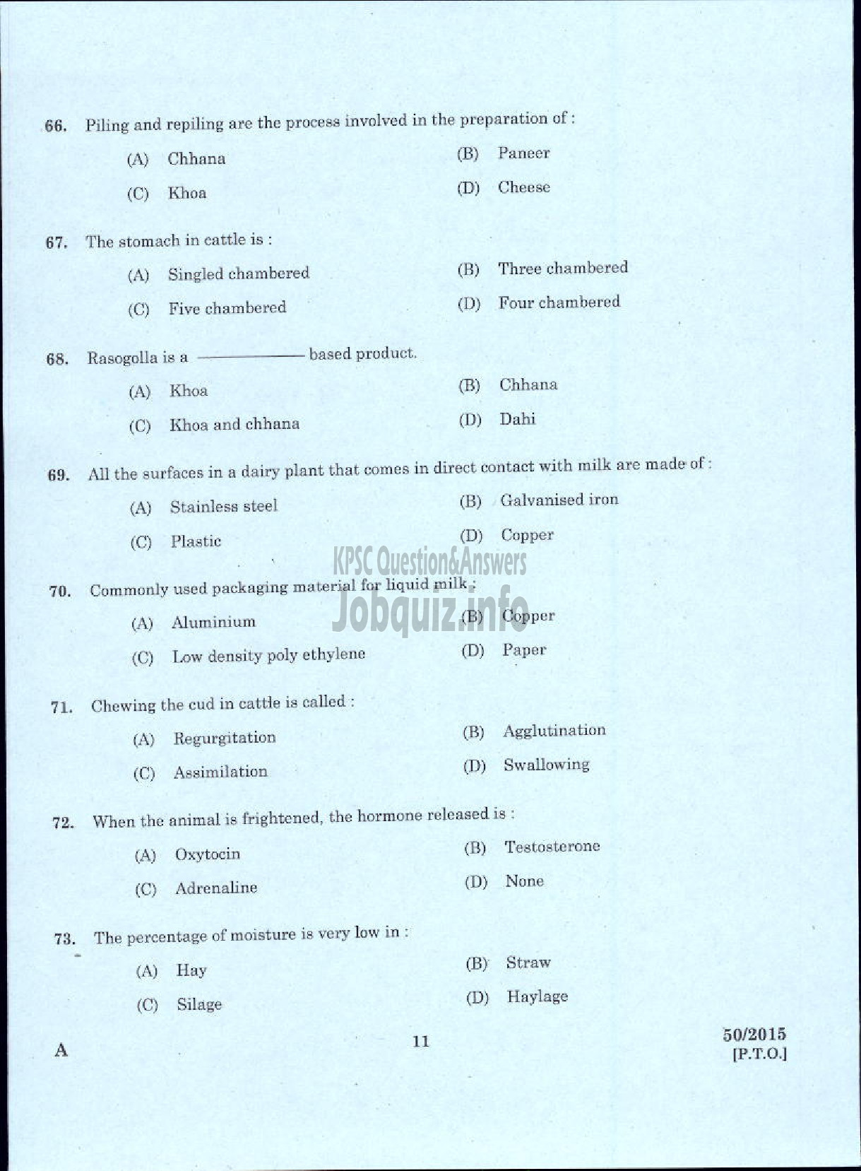 Kerala PSC Question Paper - LABORATORY TECHNICAL ASSISTANT DAIRYING AND MILK PRODUCTS VOCATIONAL HIGHER SECONDARY EDUCATION-9
