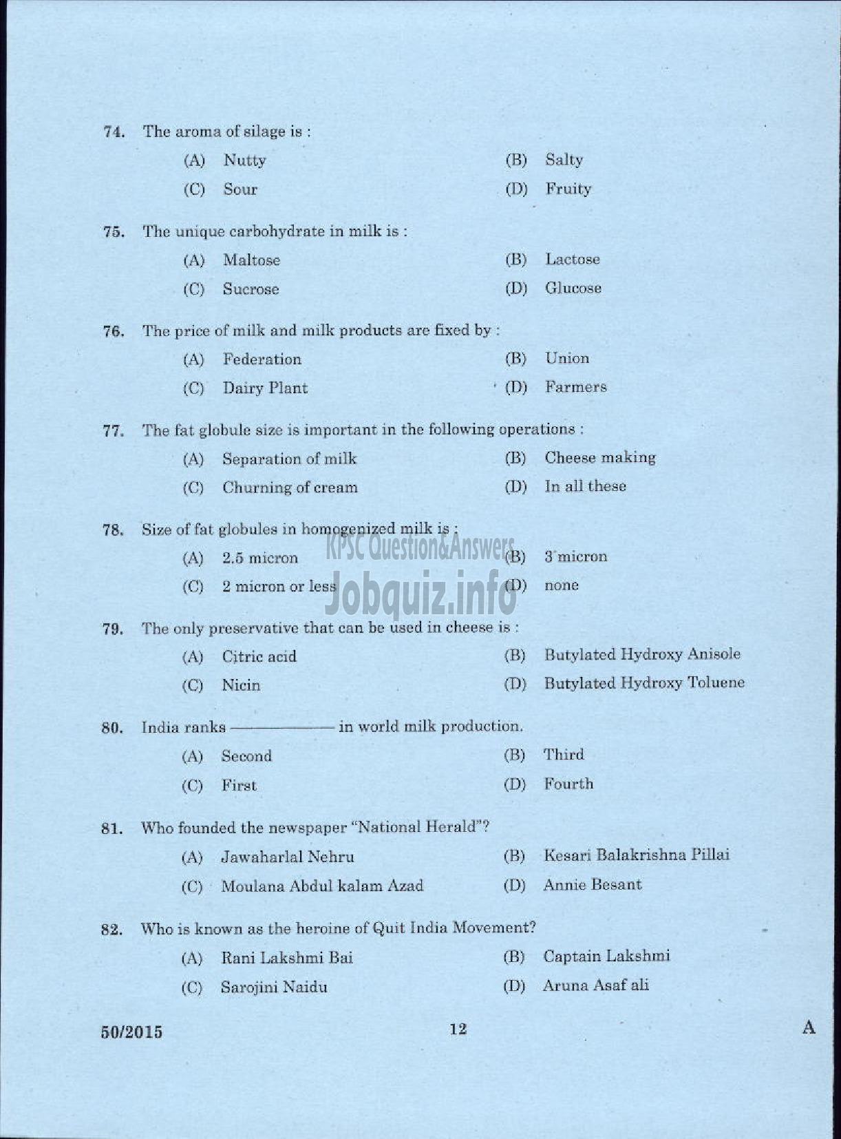 Kerala PSC Question Paper - LABORATORY TECHNICAL ASSISTANT DAIRYING AND MILK PRODUCTS VOCATIONAL HIGHER SECONDARY EDUCATION-10