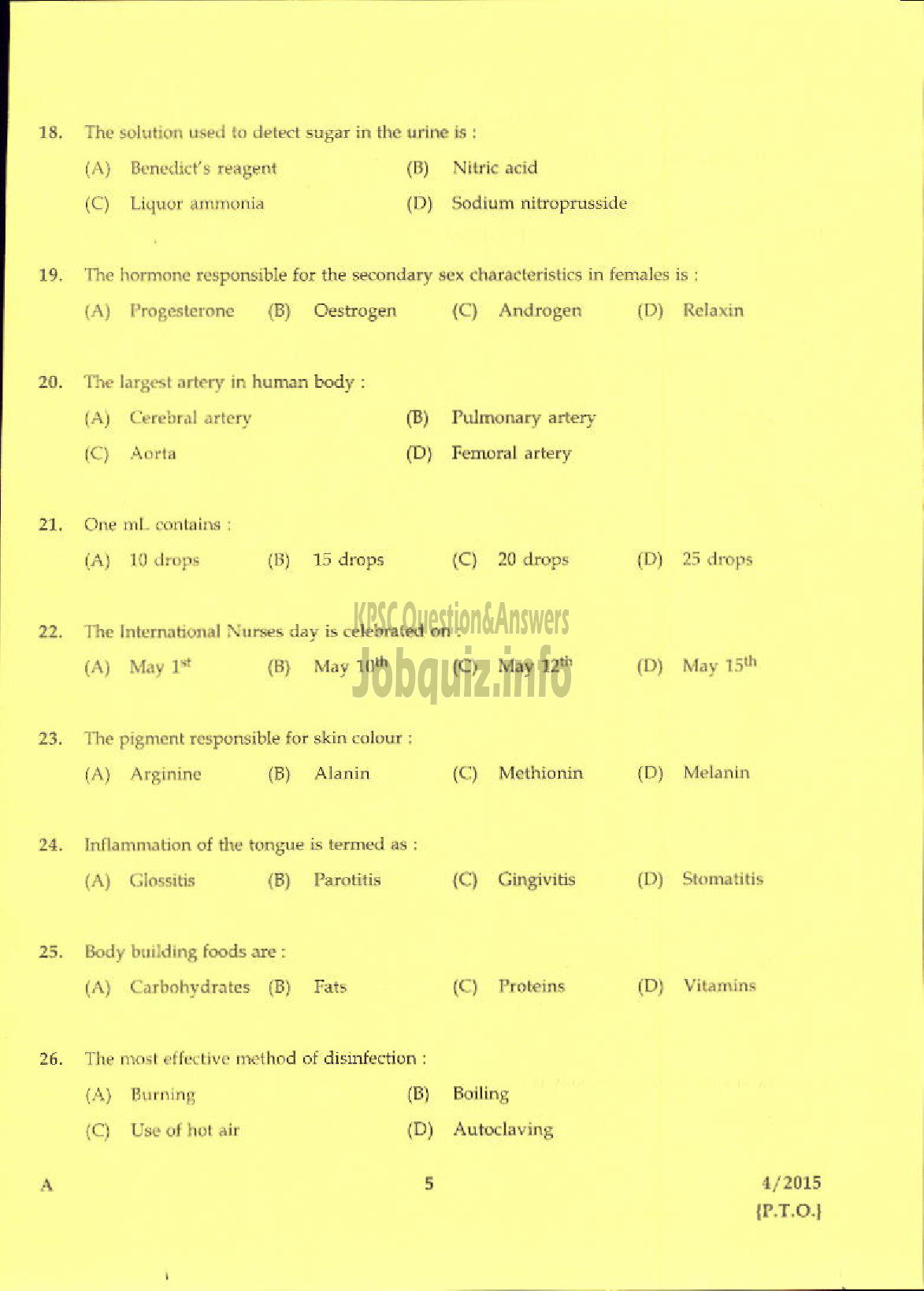 Kerala PSC Question Paper - LABORATORY TECHNICAL ASSISTANT DOMESTIC NURSING VHSE-3