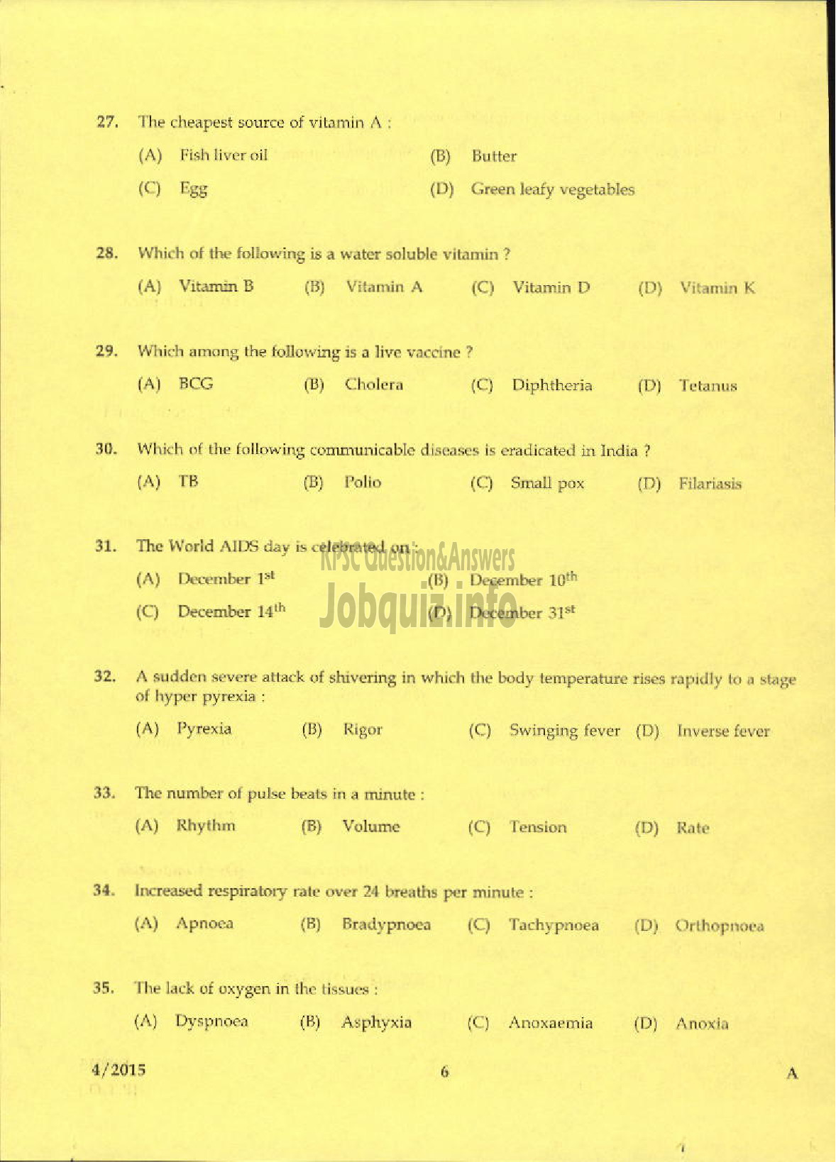 Kerala PSC Question Paper - LABORATORY TECHNICAL ASSISTANT DOMESTIC NURSING VHSE-4