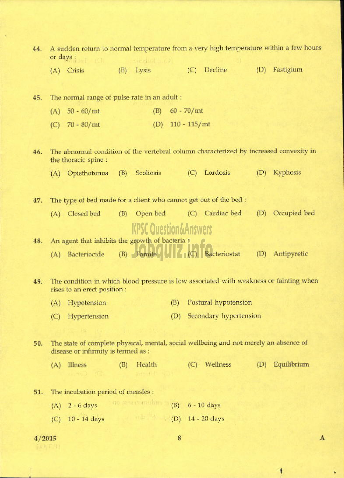 Kerala PSC Question Paper - LABORATORY TECHNICAL ASSISTANT DOMESTIC NURSING VHSE-6