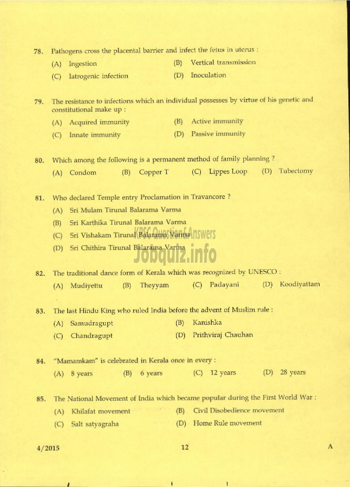 Kerala PSC Question Paper - LABORATORY TECHNICAL ASSISTANT DOMESTIC NURSING VHSE-10