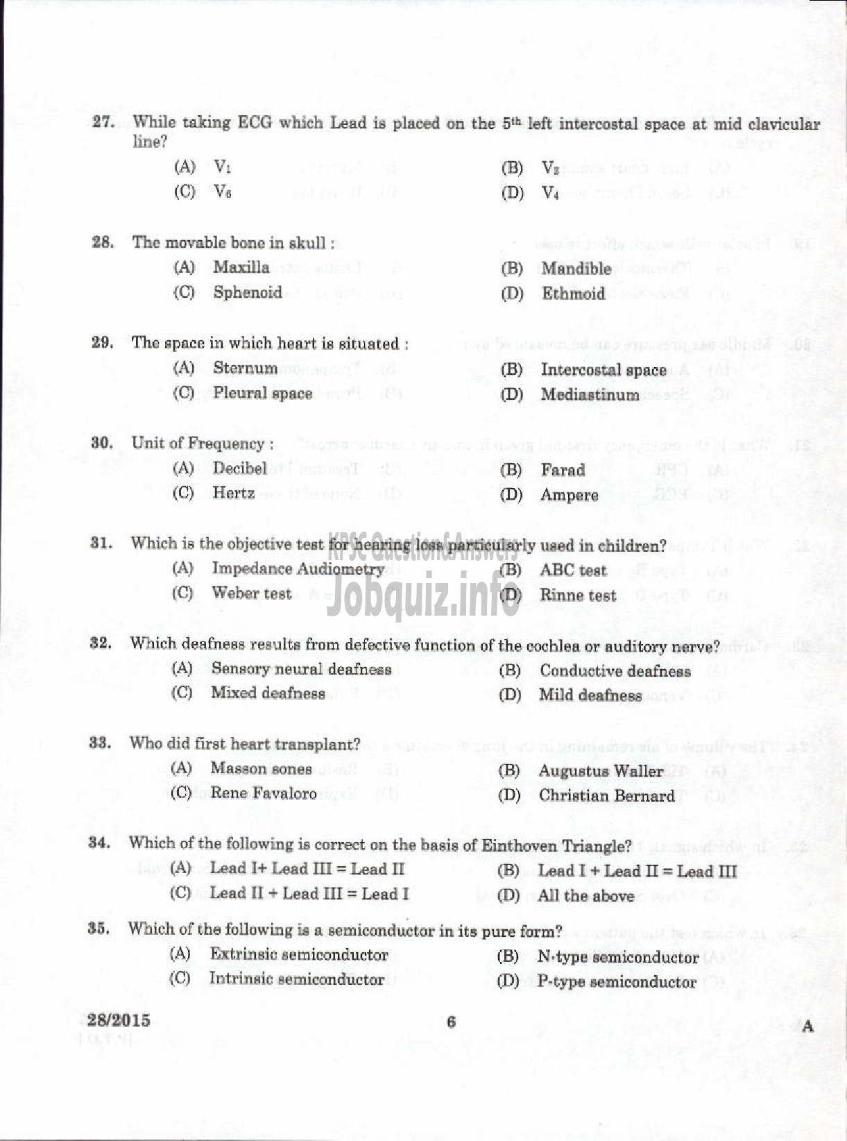 Kerala PSC Question Paper - LABORATORY TECHNICAL ASSISTANT ECG AND AUDIOMETRIC TECHNICIAN VHSE-4