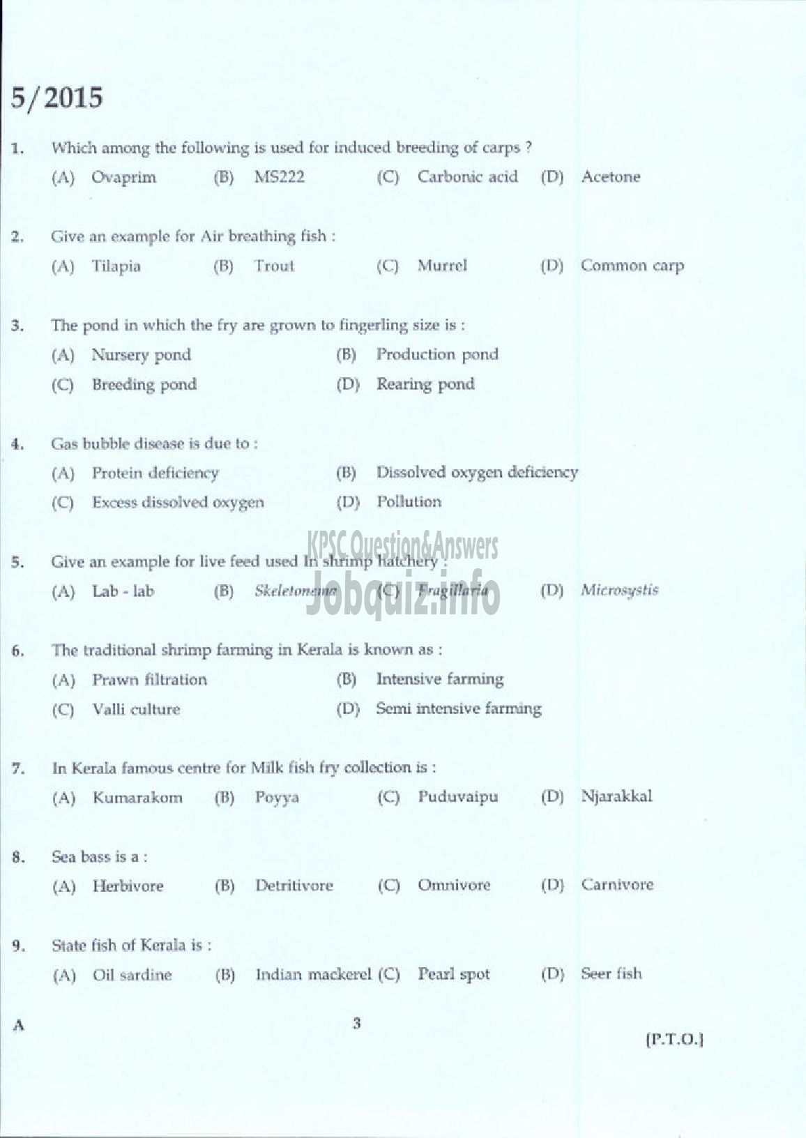 Kerala PSC Question Paper - LABORATORY TECHNICAL ASSISTANT FISHERIES AQUACULTURE VHSE-1