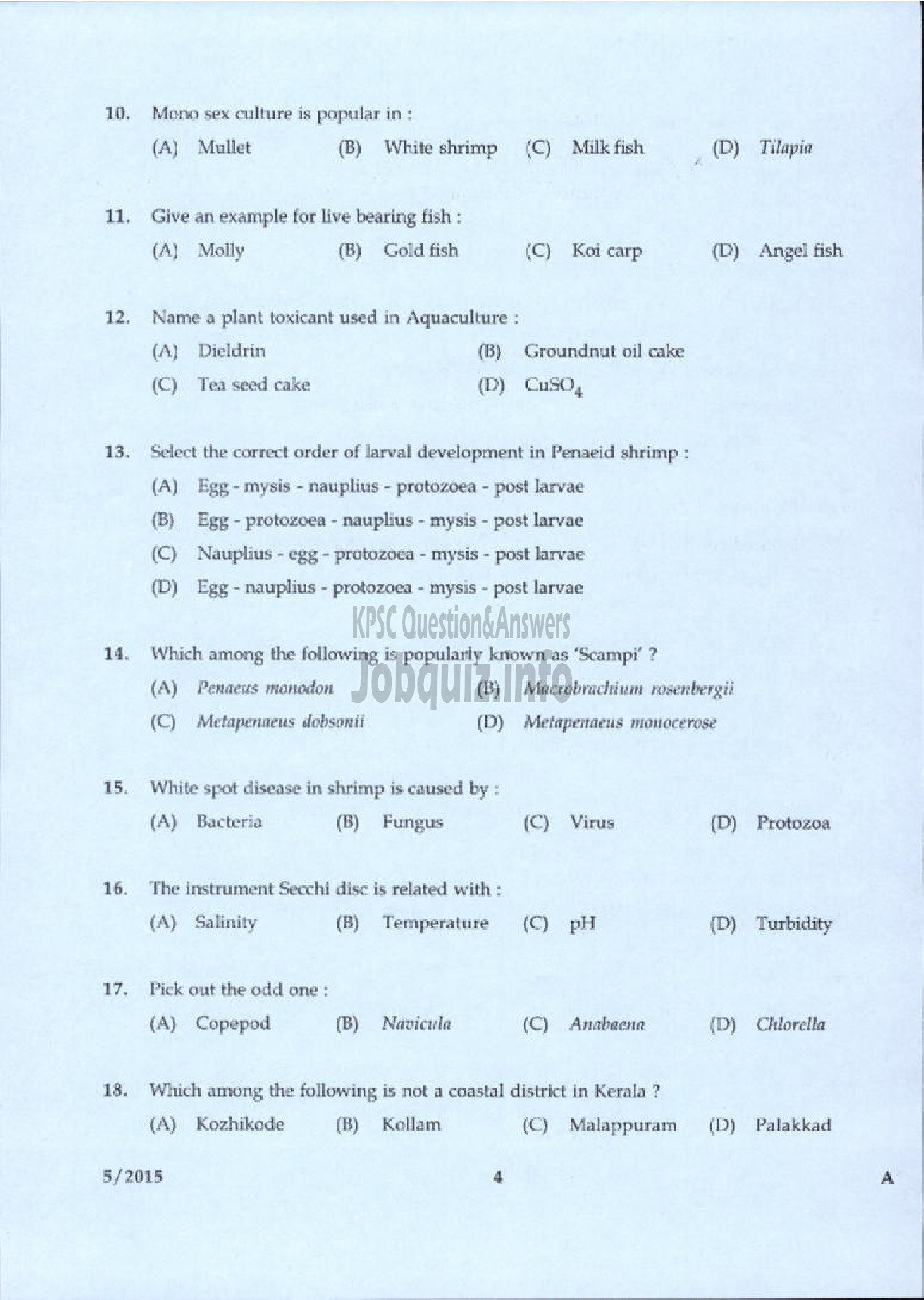 Kerala PSC Question Paper - LABORATORY TECHNICAL ASSISTANT FISHERIES AQUACULTURE VHSE-2