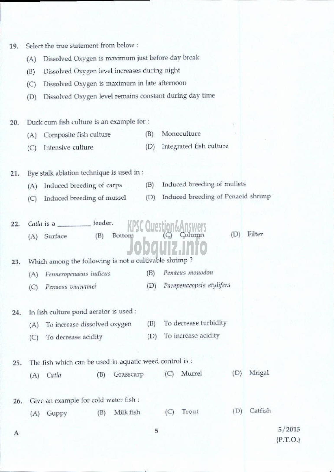 Kerala PSC Question Paper - LABORATORY TECHNICAL ASSISTANT FISHERIES AQUACULTURE VHSE-3