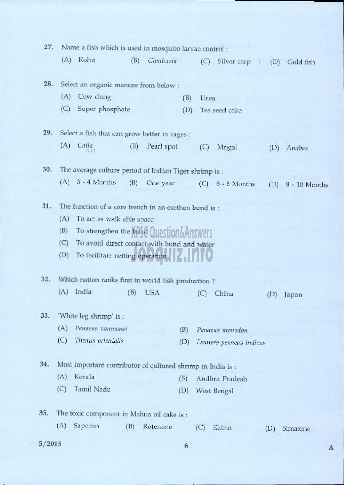 Kerala PSC Question Paper - LABORATORY TECHNICAL ASSISTANT FISHERIES AQUACULTURE VHSE-4