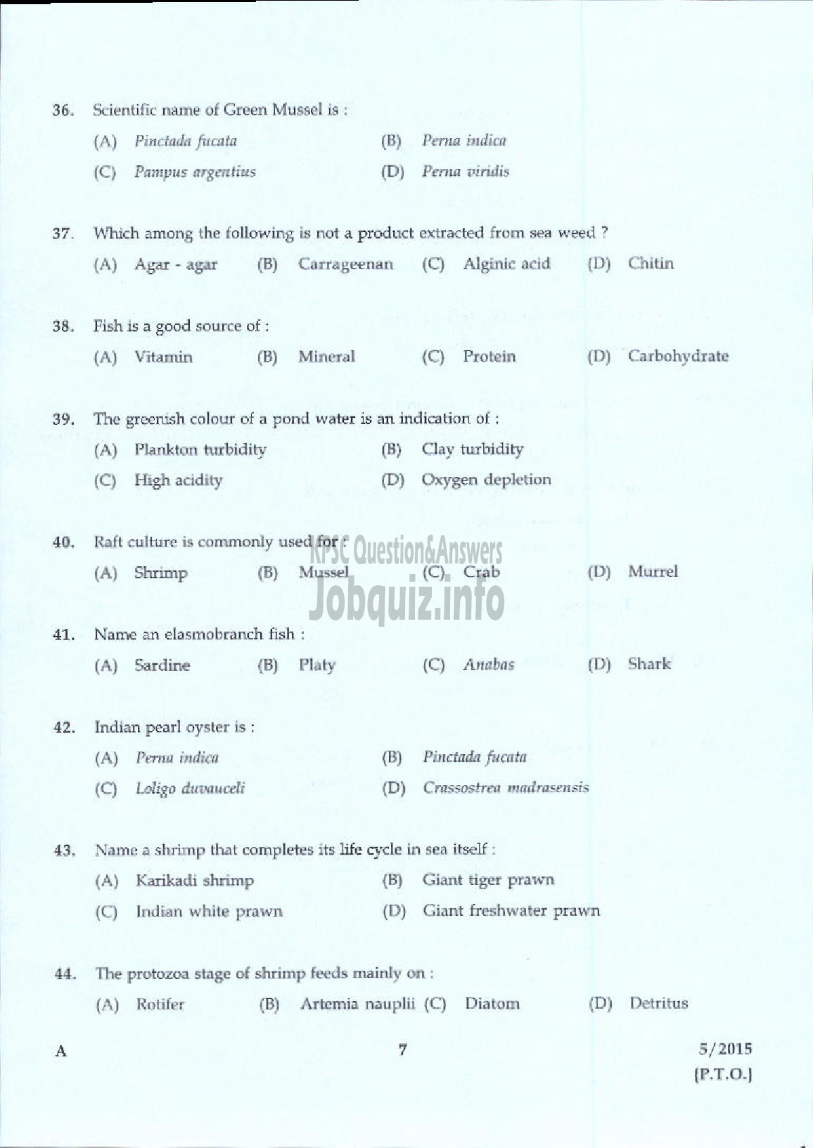 Kerala PSC Question Paper - LABORATORY TECHNICAL ASSISTANT FISHERIES AQUACULTURE VHSE-5