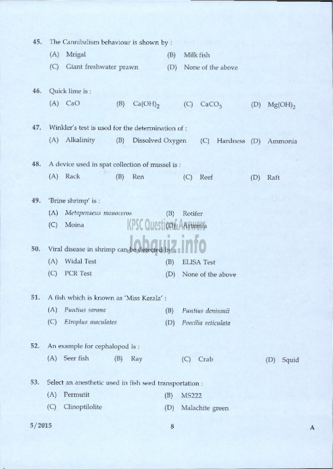 Kerala PSC Question Paper - LABORATORY TECHNICAL ASSISTANT FISHERIES AQUACULTURE VHSE-6