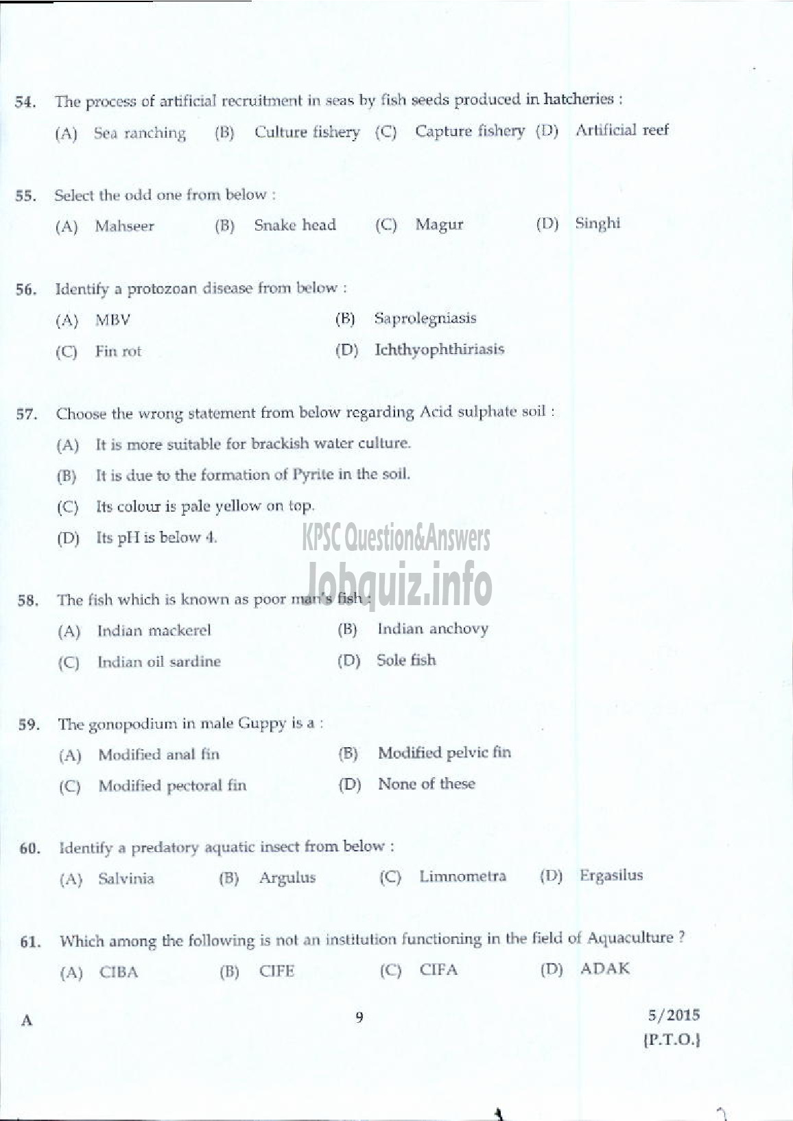 Kerala PSC Question Paper - LABORATORY TECHNICAL ASSISTANT FISHERIES AQUACULTURE VHSE-7