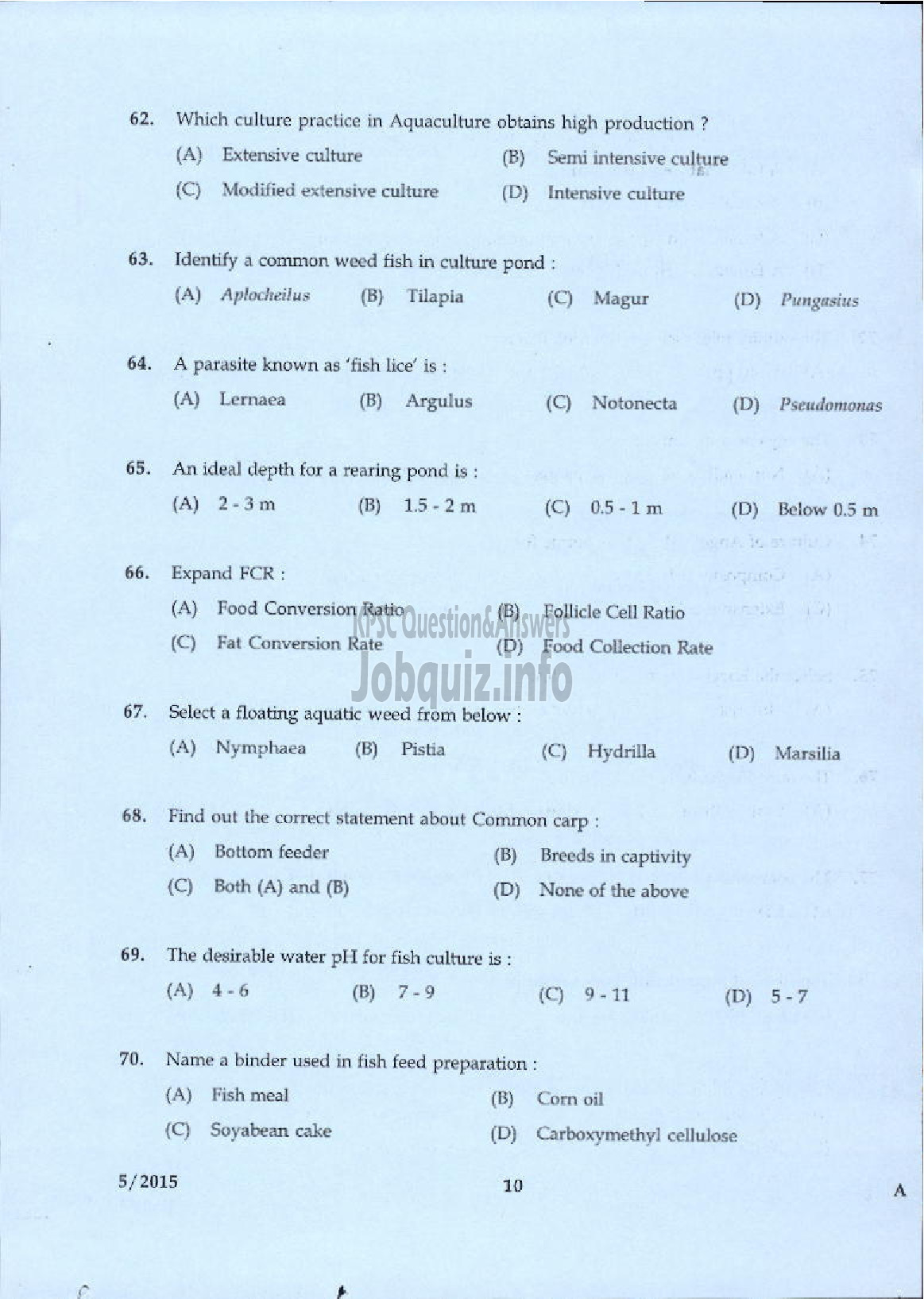 Kerala PSC Question Paper - LABORATORY TECHNICAL ASSISTANT FISHERIES AQUACULTURE VHSE-8