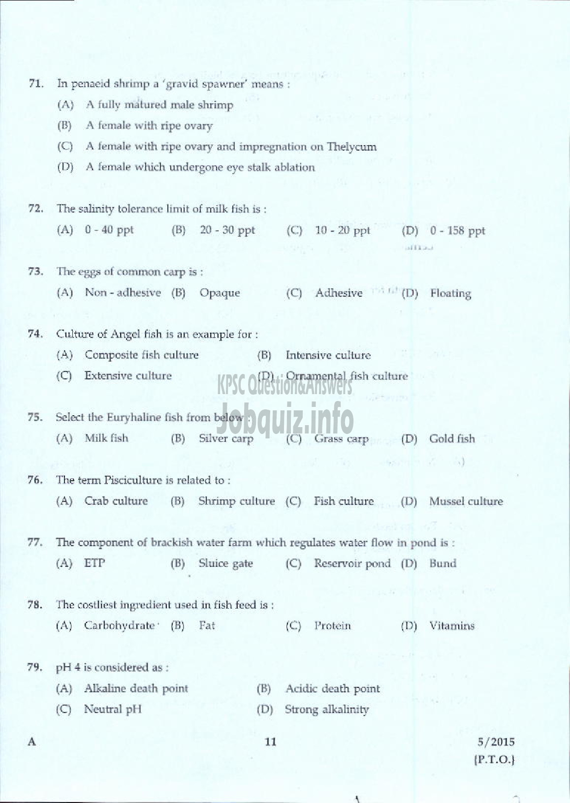 Kerala PSC Question Paper - LABORATORY TECHNICAL ASSISTANT FISHERIES AQUACULTURE VHSE-9