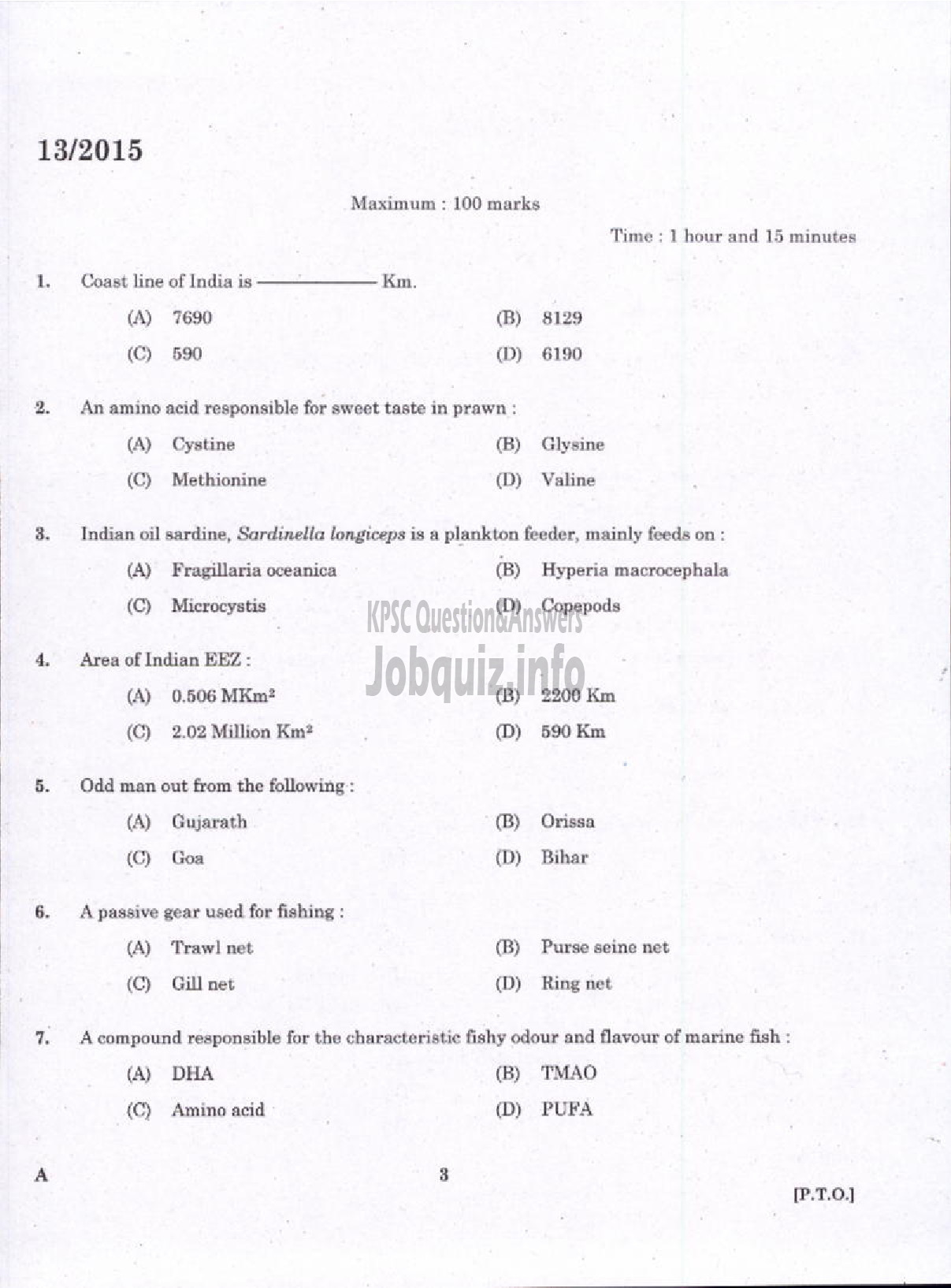 Kerala PSC Question Paper - LABORATORY TECHNICAL ASSISTANT FISHERIES FISH PROCESSING TECHNOLOGY VOCATIONAL HIGHER SECONDARY EDUCATION-1