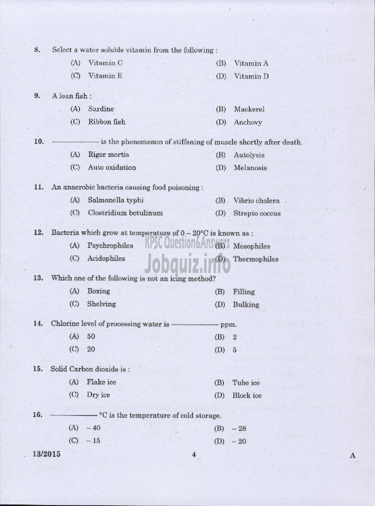 Kerala PSC Question Paper - LABORATORY TECHNICAL ASSISTANT FISHERIES FISH PROCESSING TECHNOLOGY VOCATIONAL HIGHER SECONDARY EDUCATION-2