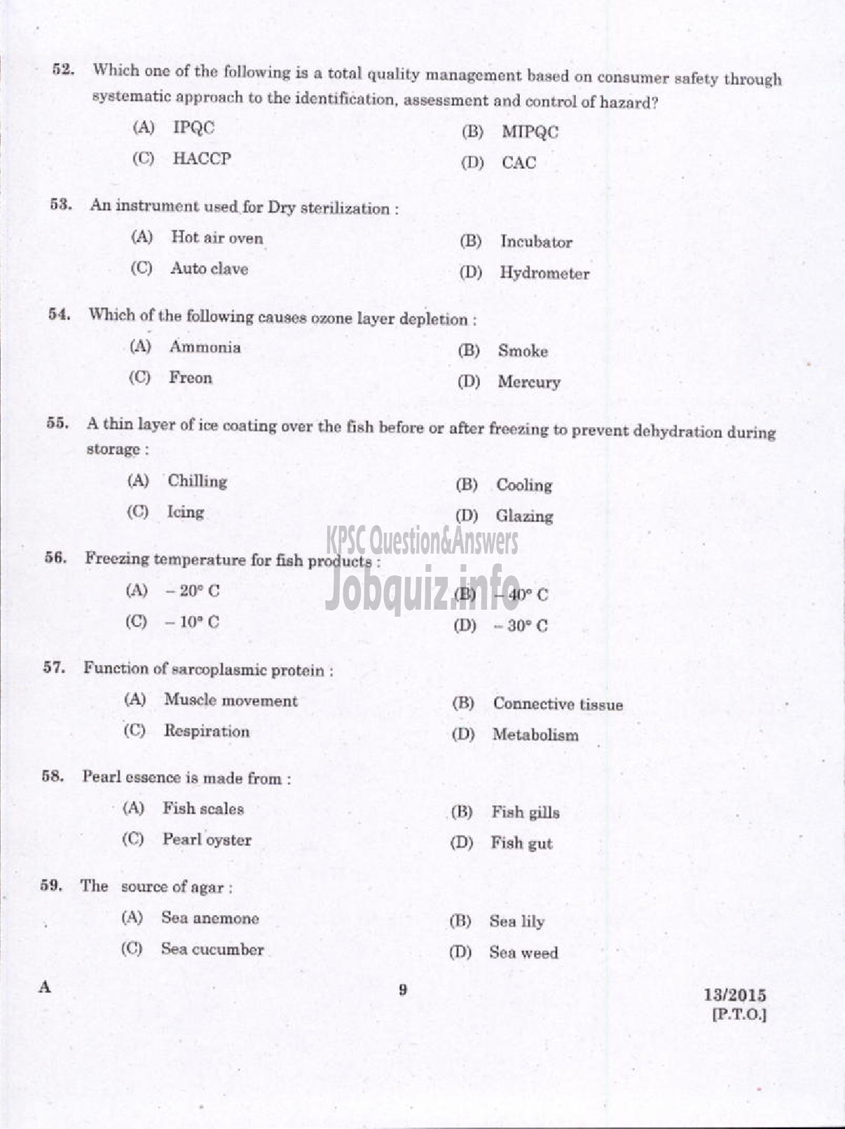 Kerala PSC Question Paper - LABORATORY TECHNICAL ASSISTANT FISHERIES FISH PROCESSING TECHNOLOGY VOCATIONAL HIGHER SECONDARY EDUCATION-7