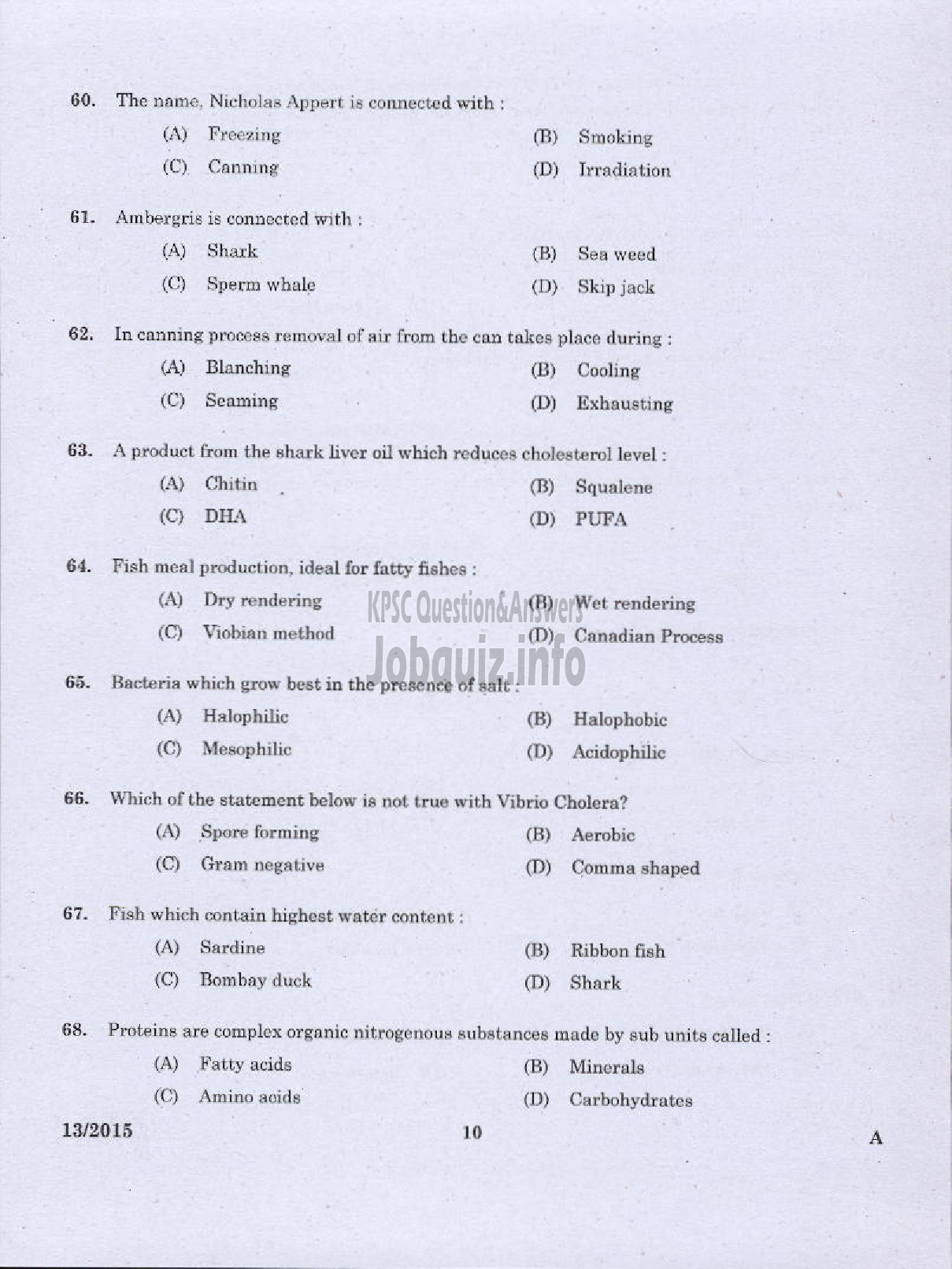 Kerala PSC Question Paper - LABORATORY TECHNICAL ASSISTANT FISHERIES FISH PROCESSING TECHNOLOGY VOCATIONAL HIGHER SECONDARY EDUCATION-8