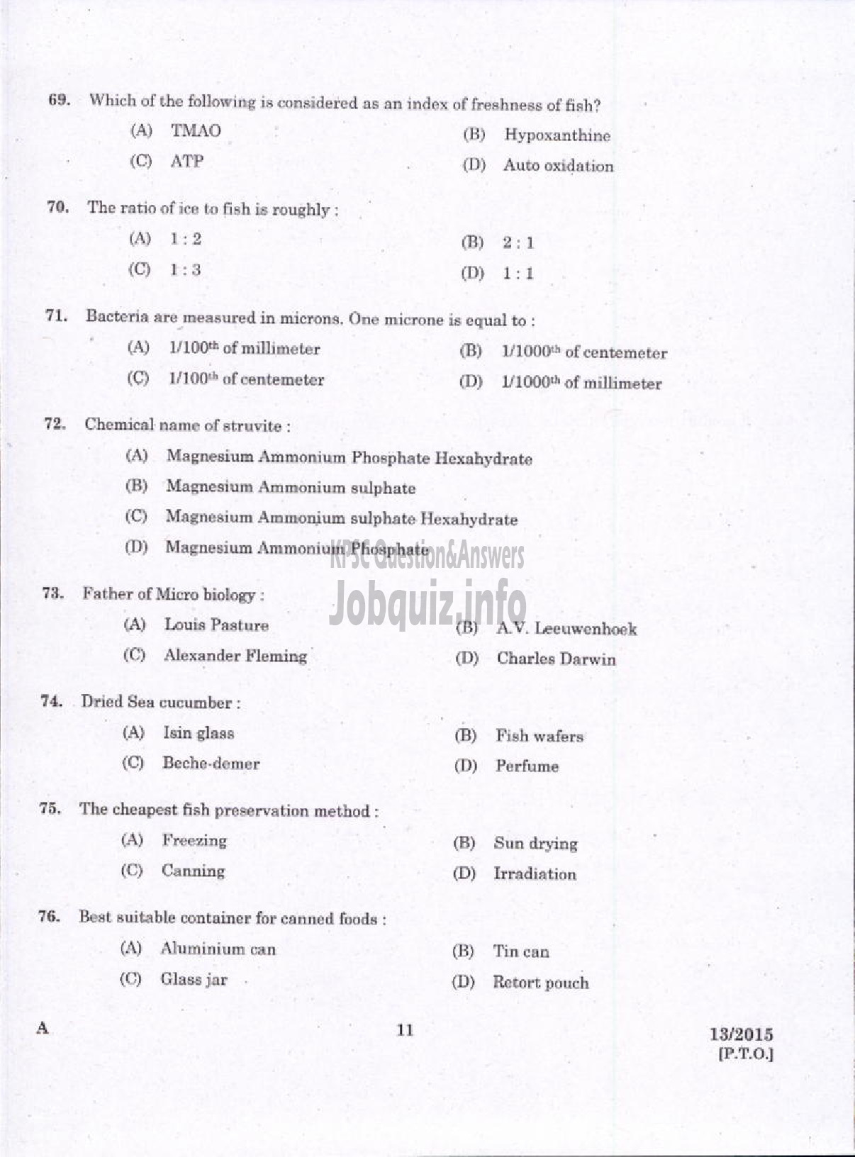 Kerala PSC Question Paper - LABORATORY TECHNICAL ASSISTANT FISHERIES FISH PROCESSING TECHNOLOGY VOCATIONAL HIGHER SECONDARY EDUCATION-9