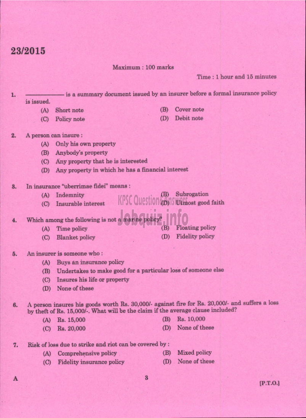 Kerala PSC Question Paper - LABORATORY TECHNICAL ASSISTANT GENERAL INSURANCE VHSE-1